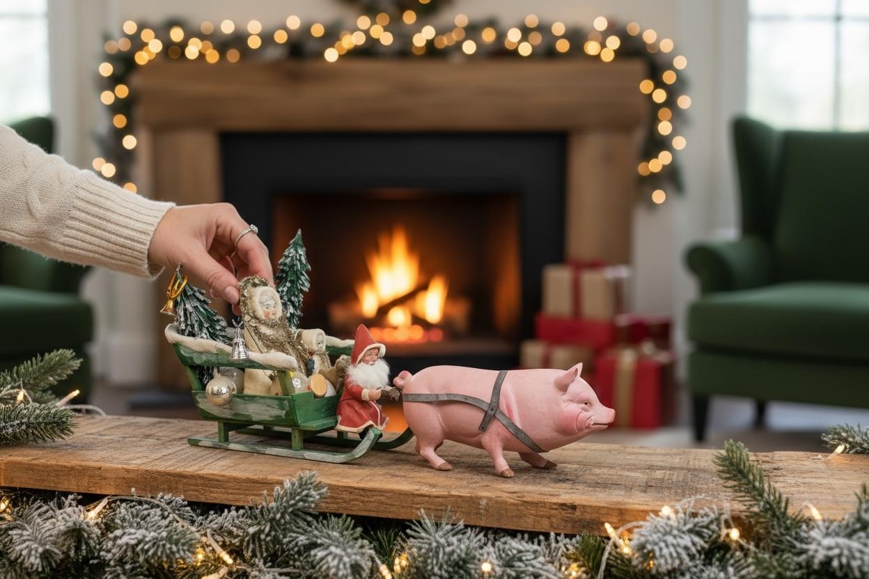 Antico Babbo Natale tedesco del 1910 con figura di Belsnickle su slitta trainata da un maiale rosa in vendita 1