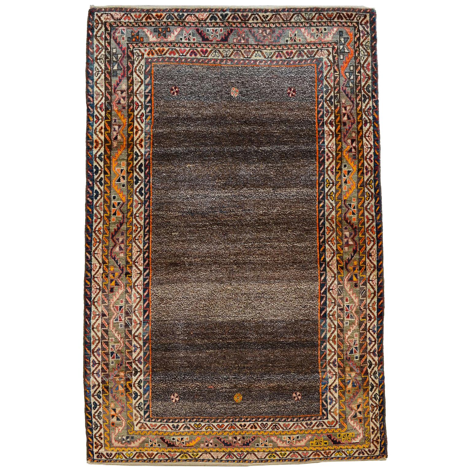 Antico tappeto Loristan Gabbeh persiano del 1910, arancione, rosso, marrone, lana, 5' x 7'