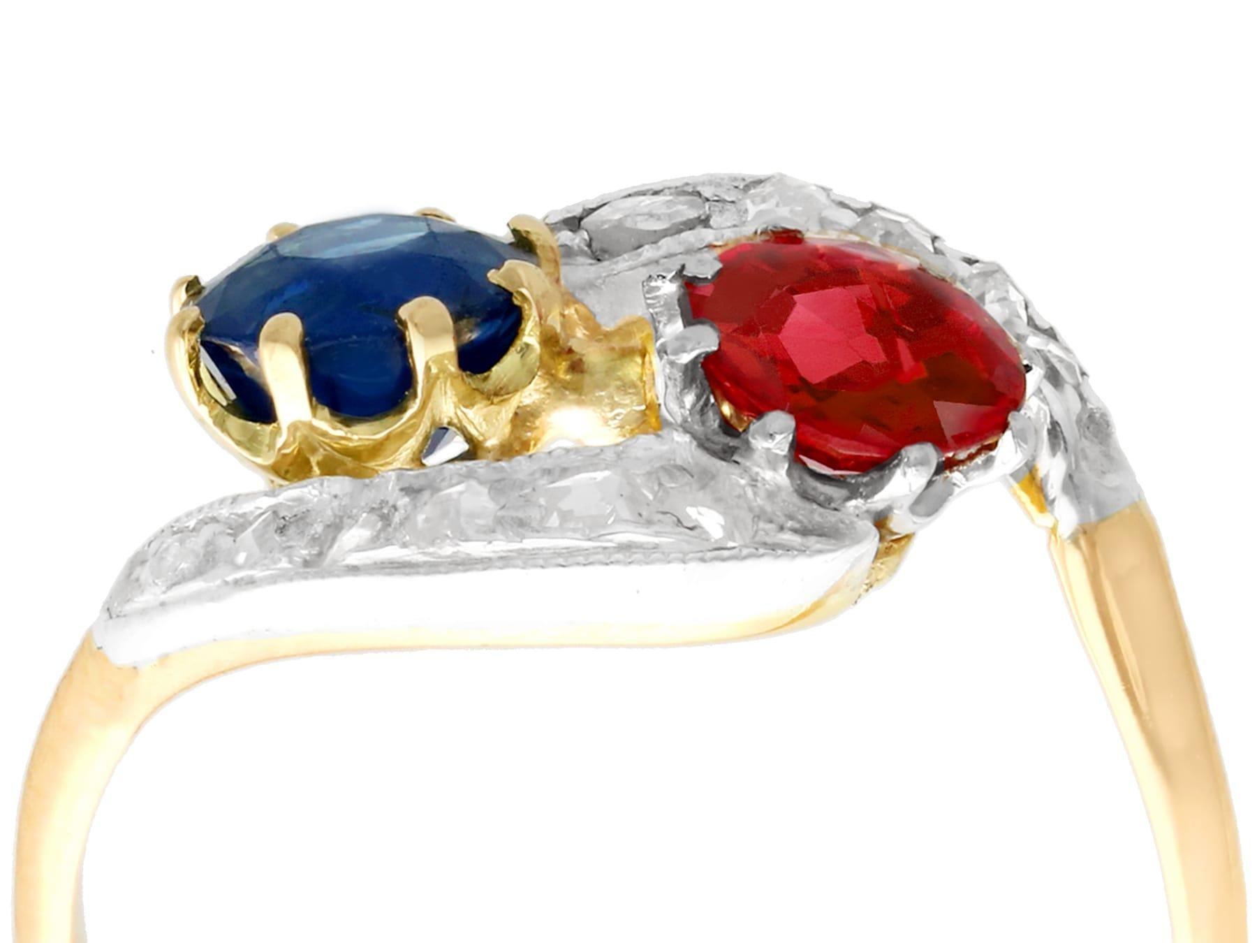 An impressive 0.68 carat red spinel and 1.02 carat blue sapphire, 18 karat yellow gold and 18 karat white gold set twist ring; part of our diverse antique jewelry collections.

This fine and impressive antique spinel ring has been crafted in 18k