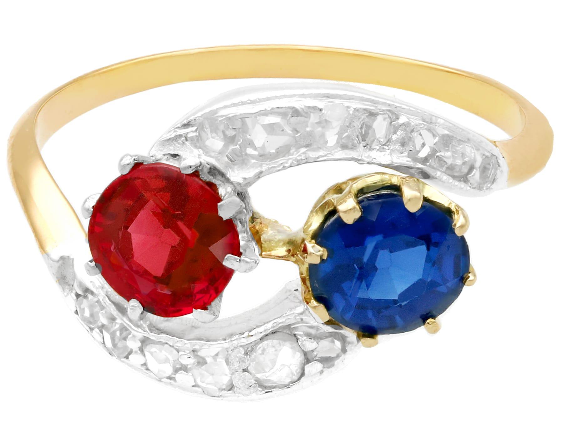 Round Cut Antique Red Spinel and 1.02 Carat Sapphire Yellow Gold Twist Engagement Ring For Sale