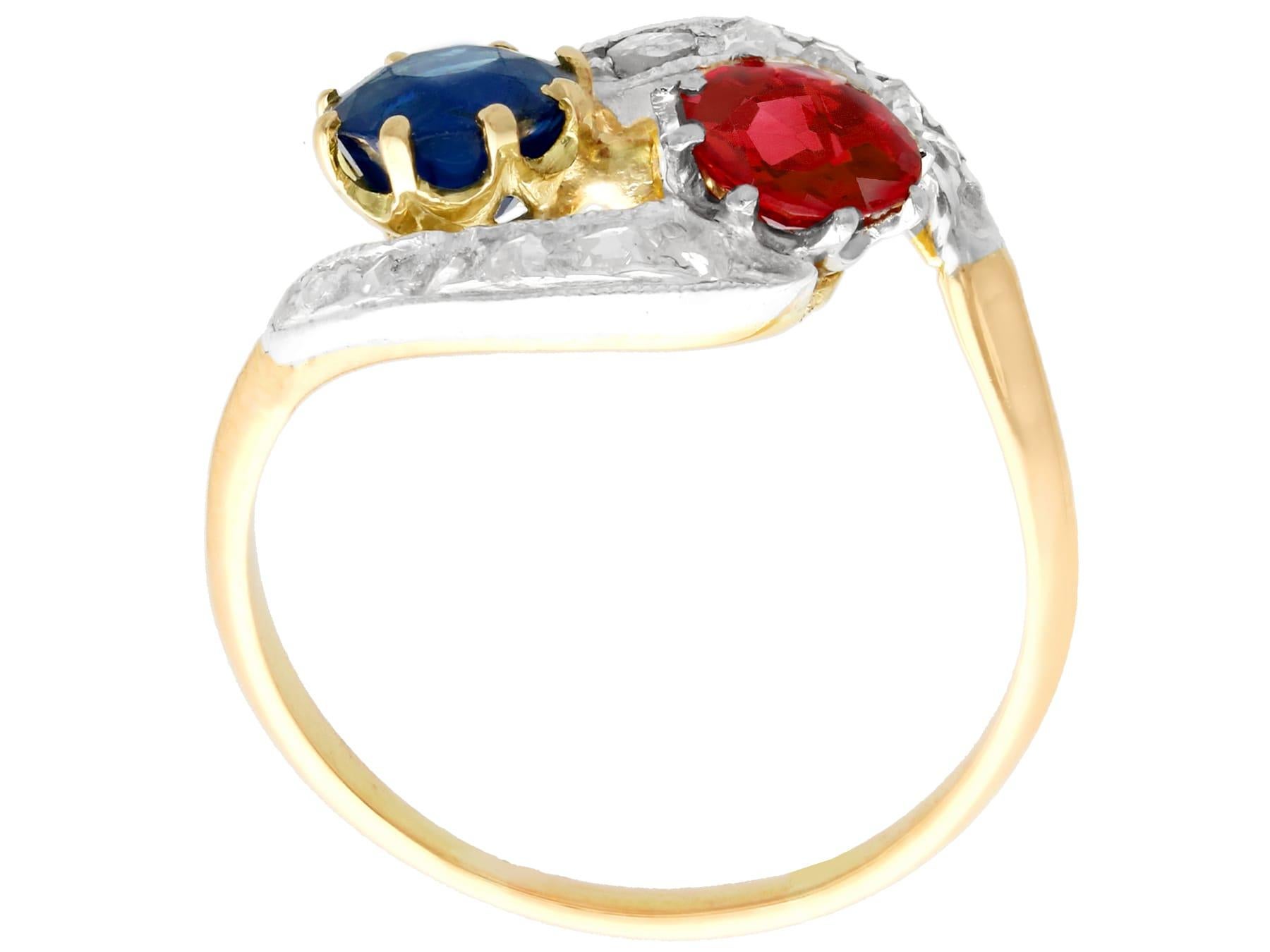 Antique Red Spinel and 1.02 Carat Sapphire Yellow Gold Twist Engagement Ring In Excellent Condition For Sale In Jesmond, Newcastle Upon Tyne