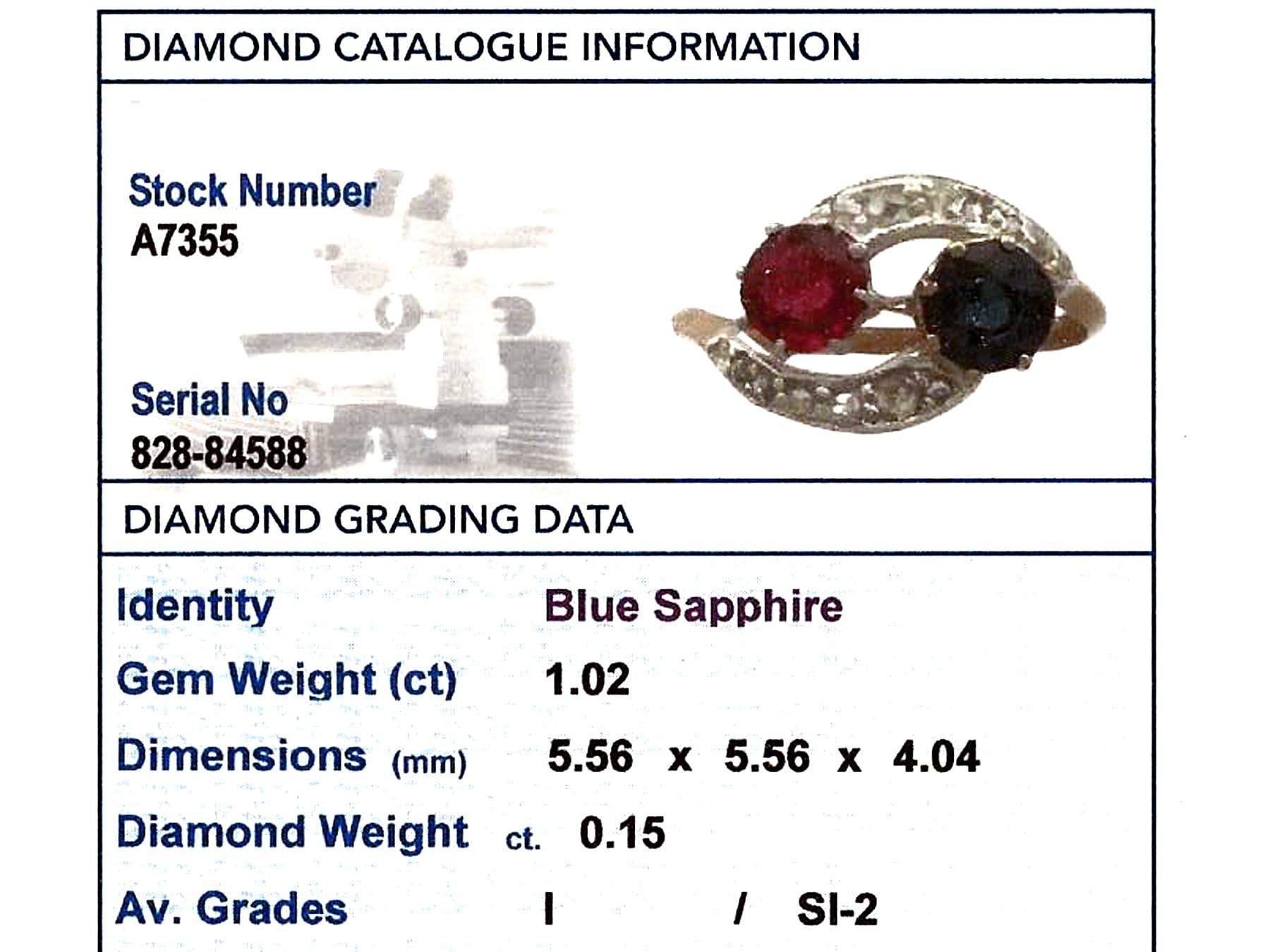 Women's Antique Red Spinel and 1.02 Carat Sapphire Yellow Gold Twist Engagement Ring For Sale