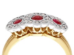 Antique 1910s Ruby and Diamond Yellow Gold Three Stone Cocktail Ring