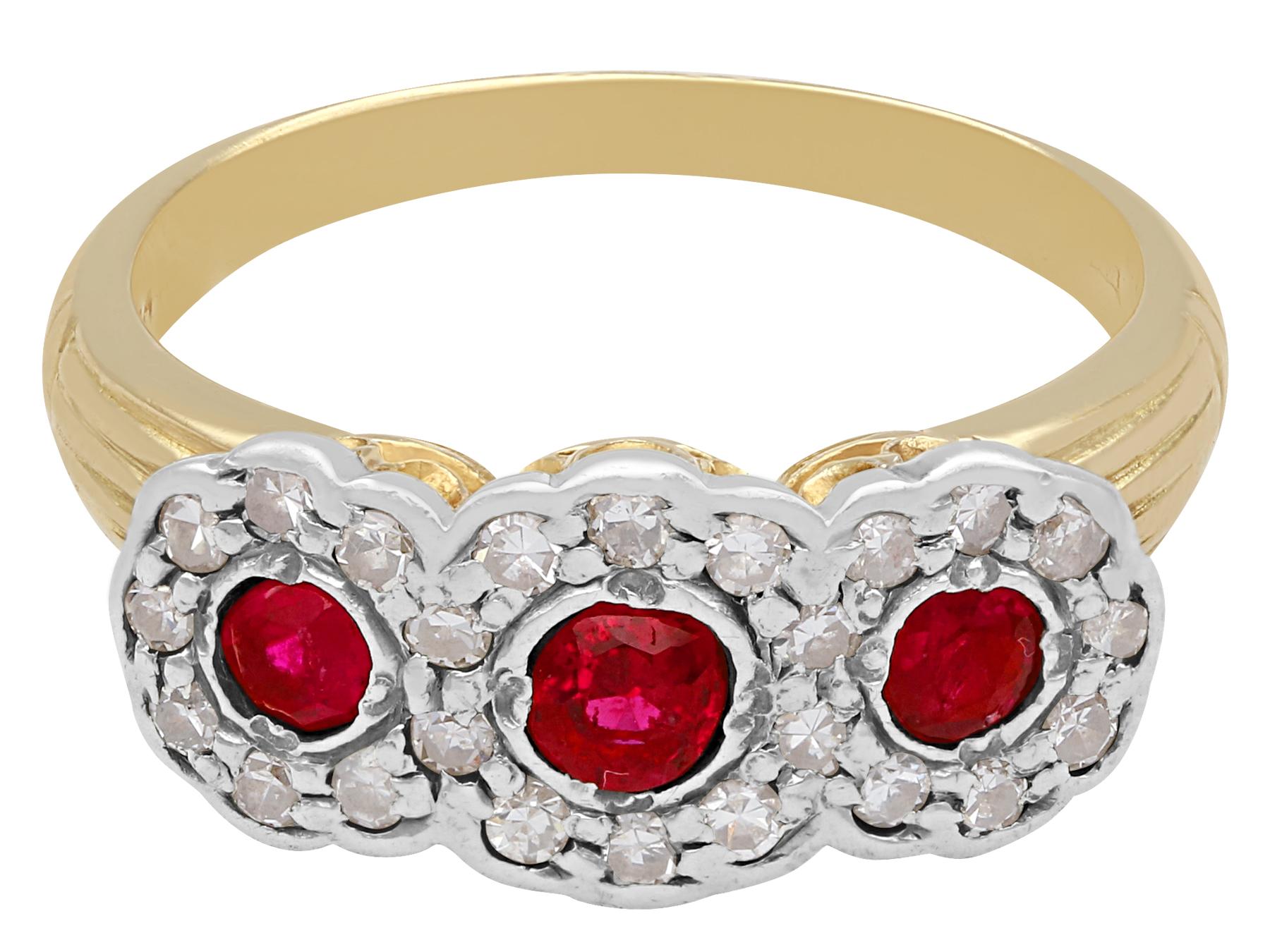 Round Cut Antique 1910s Ruby and Diamond Yellow Gold Three Stone Cocktail Ring For Sale