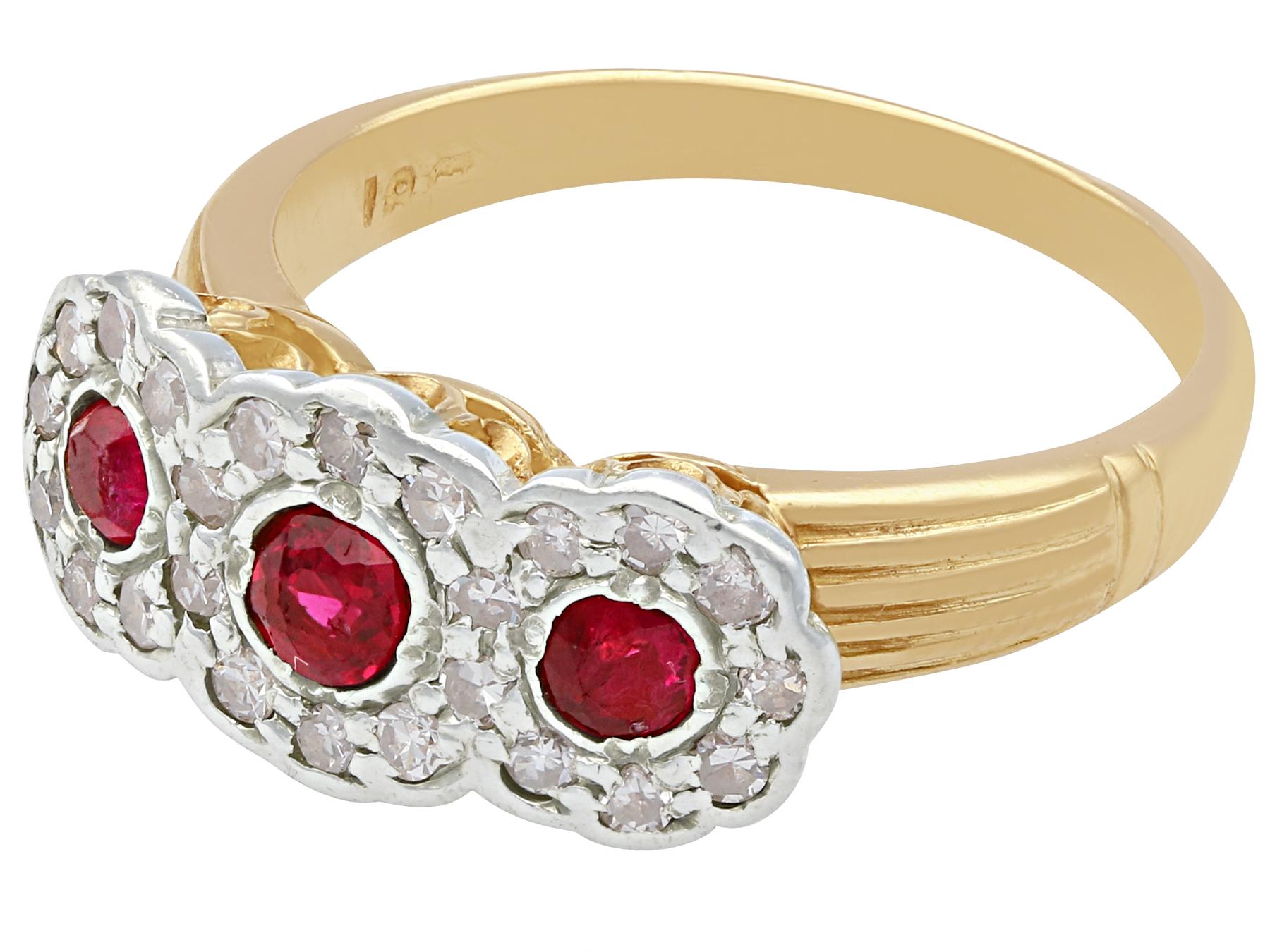 Antique 1910s Ruby and Diamond Yellow Gold Three Stone Cocktail Ring In Excellent Condition For Sale In Jesmond, Newcastle Upon Tyne