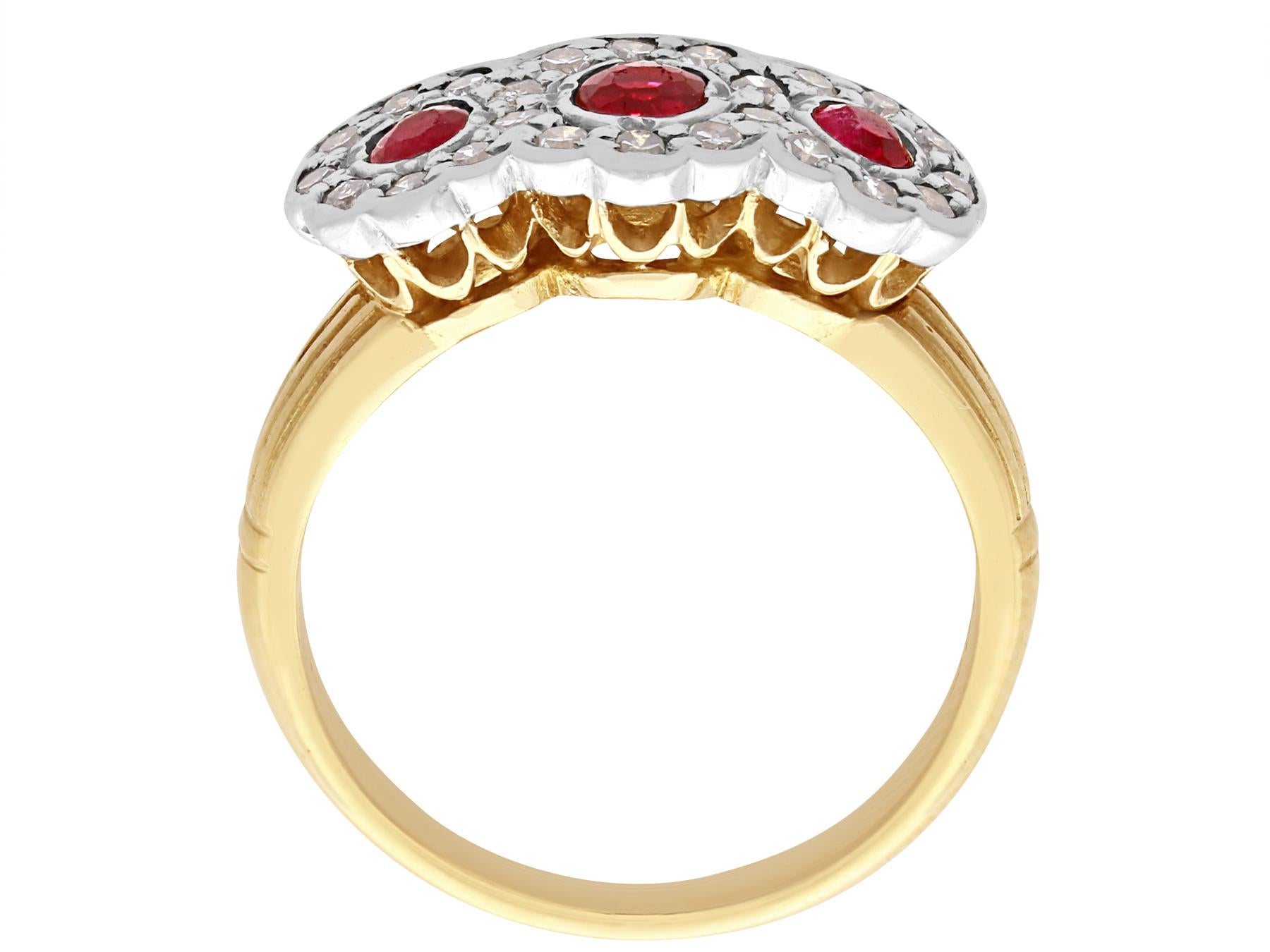 Women's Antique 1910s Ruby and Diamond Yellow Gold Three Stone Cocktail Ring For Sale