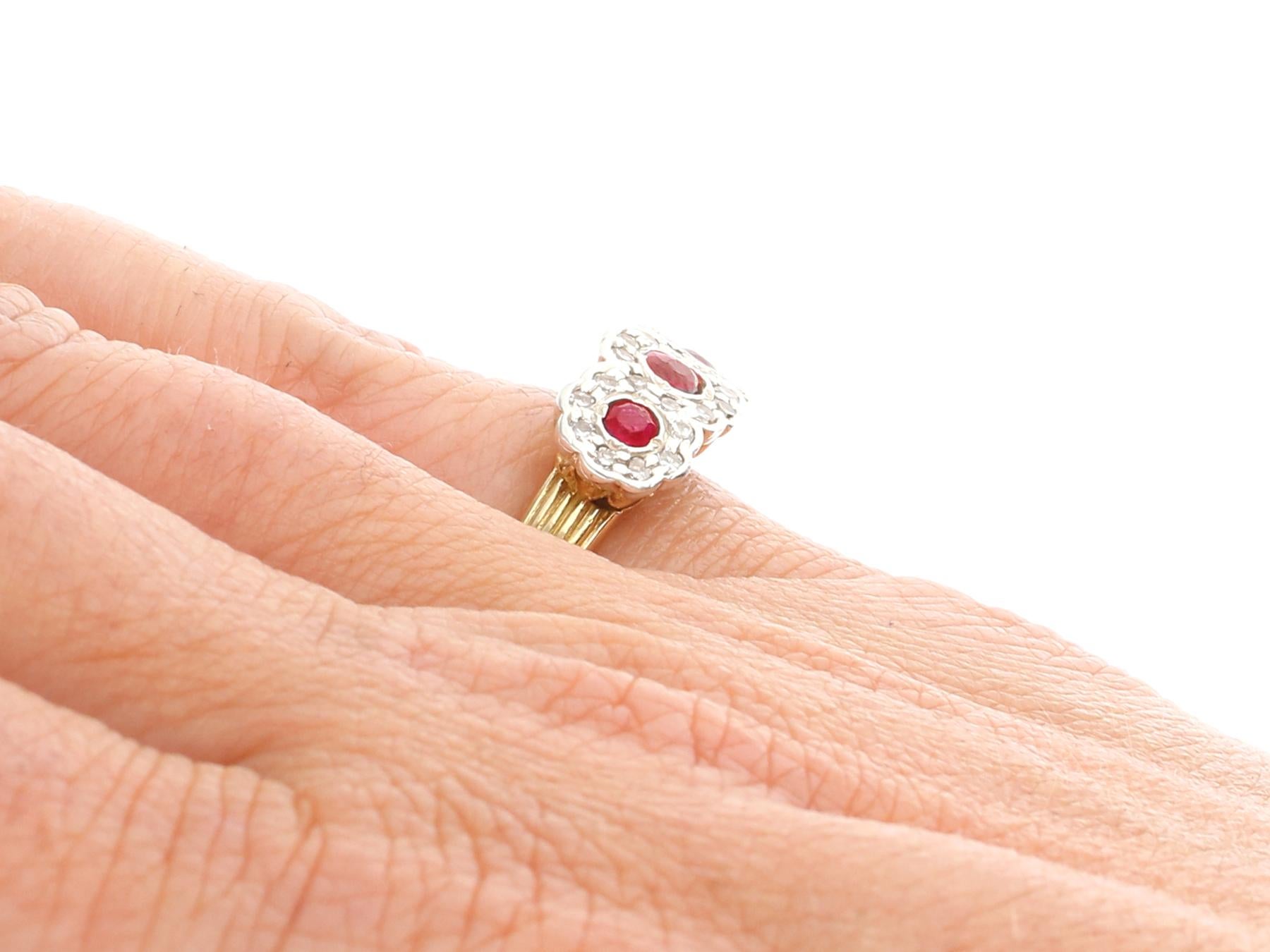 Antique 1910s Ruby and Diamond Yellow Gold Three Stone Cocktail Ring For Sale 2