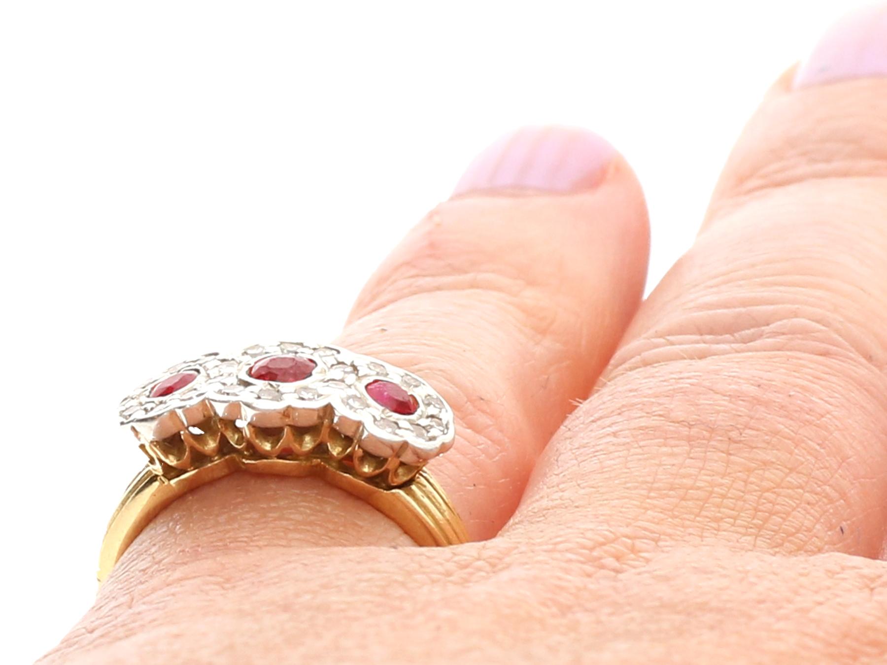 Antique 1910s Ruby and Diamond Yellow Gold Three Stone Cocktail Ring For Sale 3