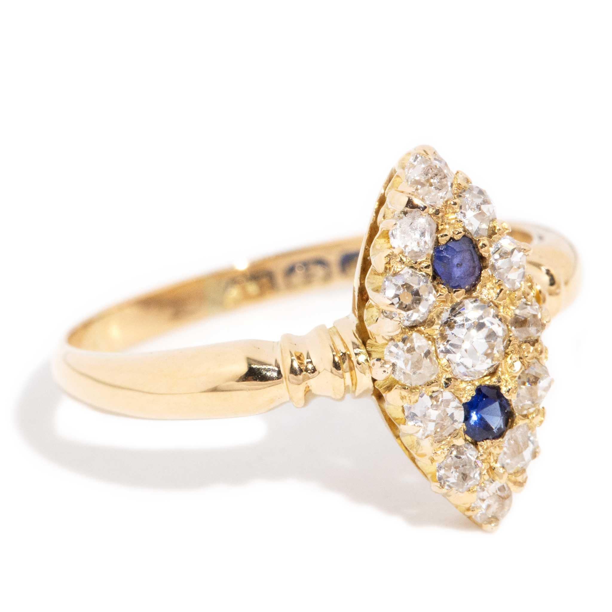 Edwardian Antique 1911 Sapphire & Old Cut Diamond Marquise Ring 18 Carat Yellow Gold For Sale