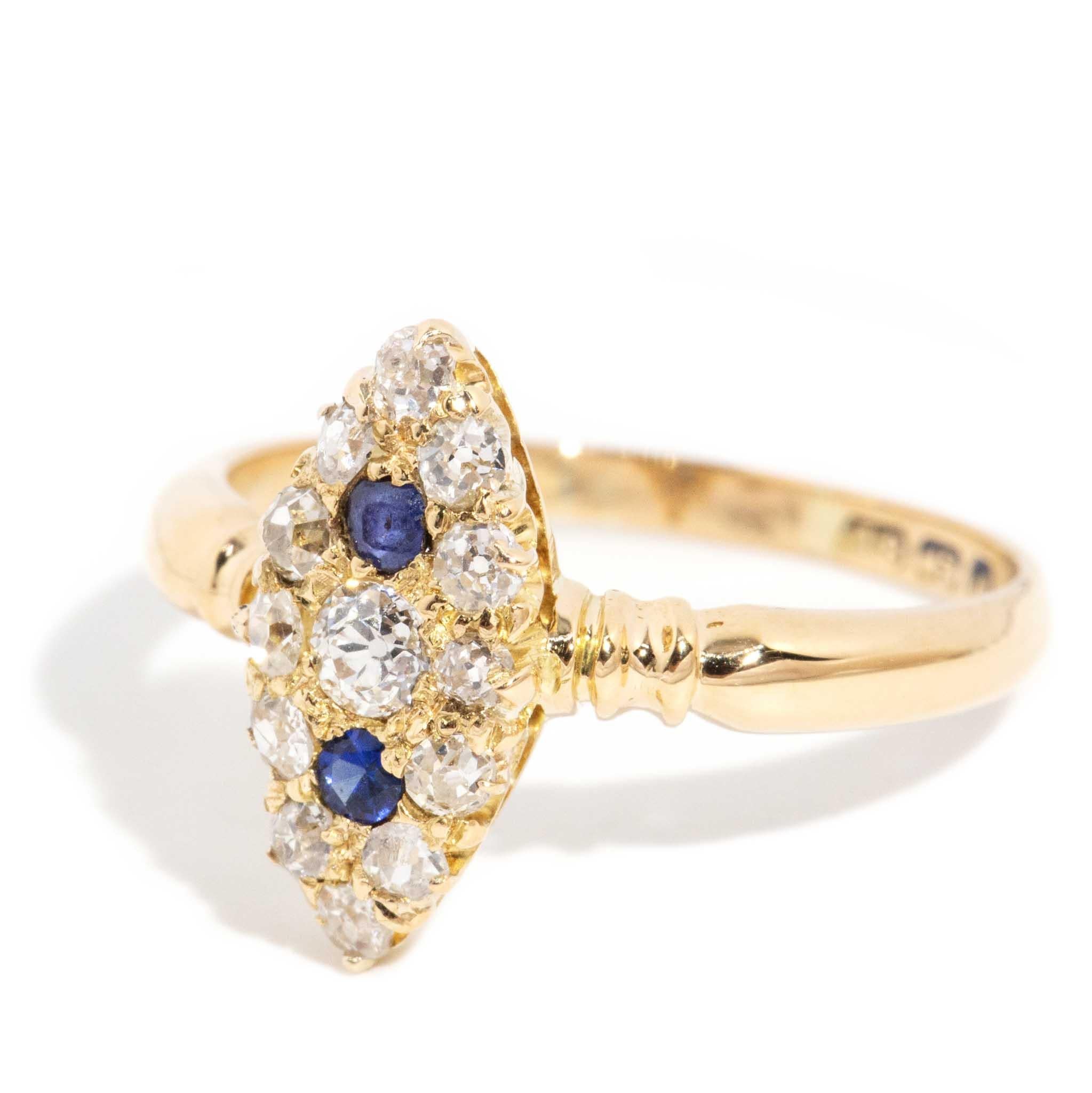 Antique 1911 Sapphire & Old Cut Diamond Marquise Ring 18 Carat Yellow Gold In Good Condition For Sale In Hamilton, AU