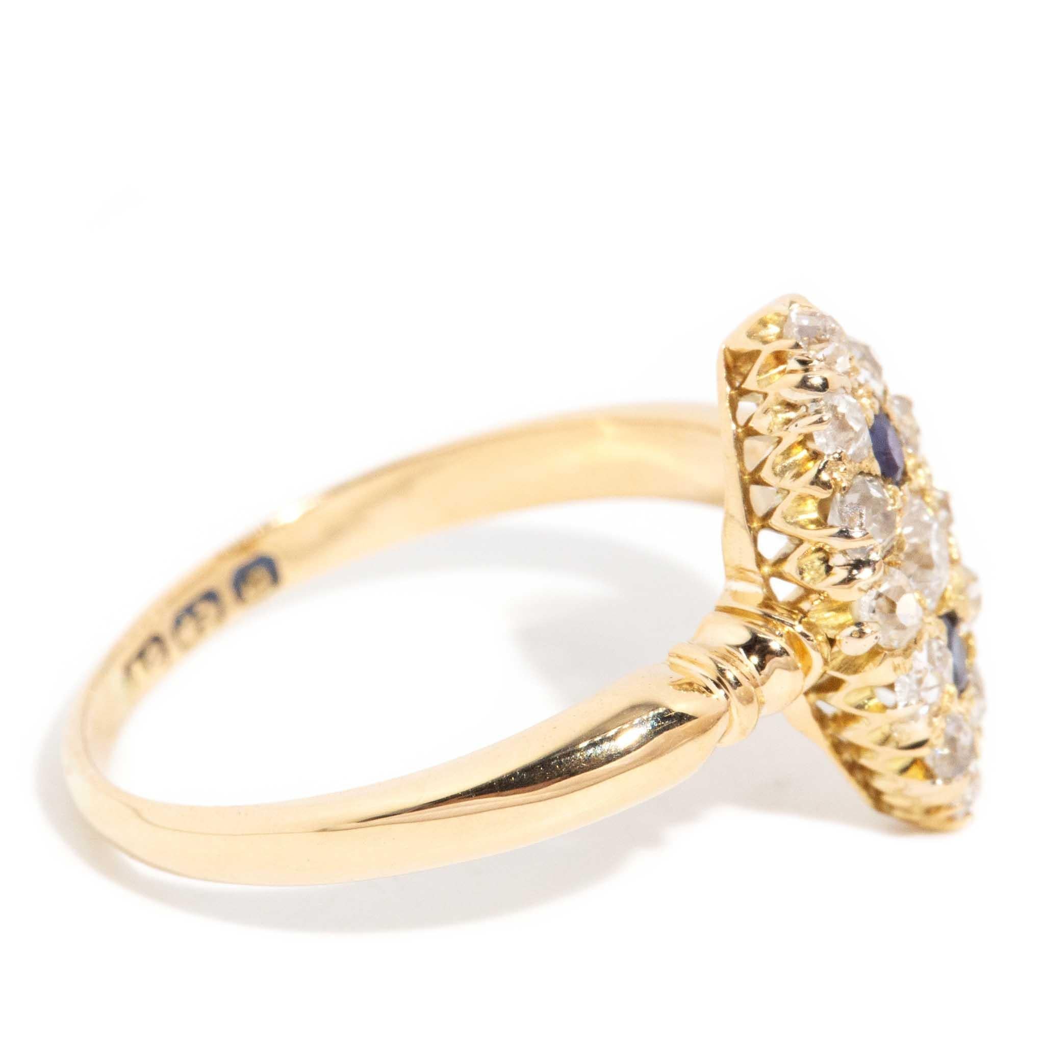 Antiker 1911 Marquise-Ring aus 18 Karat Gelbgold mit Saphiren und Diamanten im Altschliff im Angebot 1
