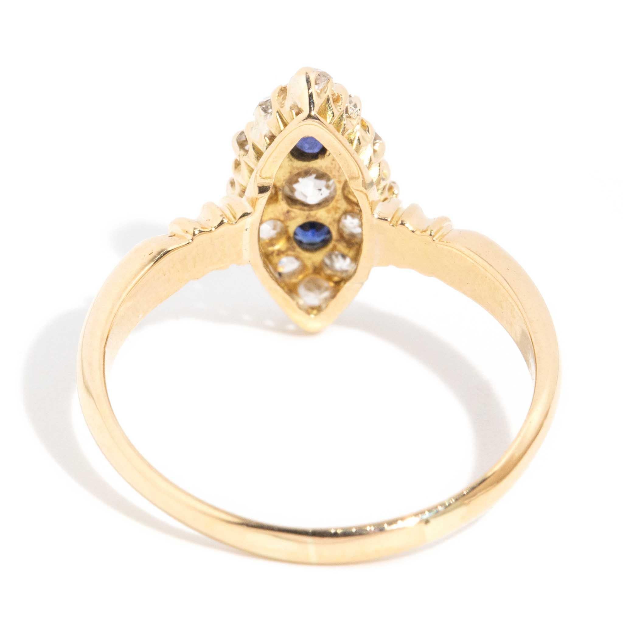 Antique 1911 Sapphire & Old Cut Diamond Marquise Ring 18 Carat Yellow Gold For Sale 3