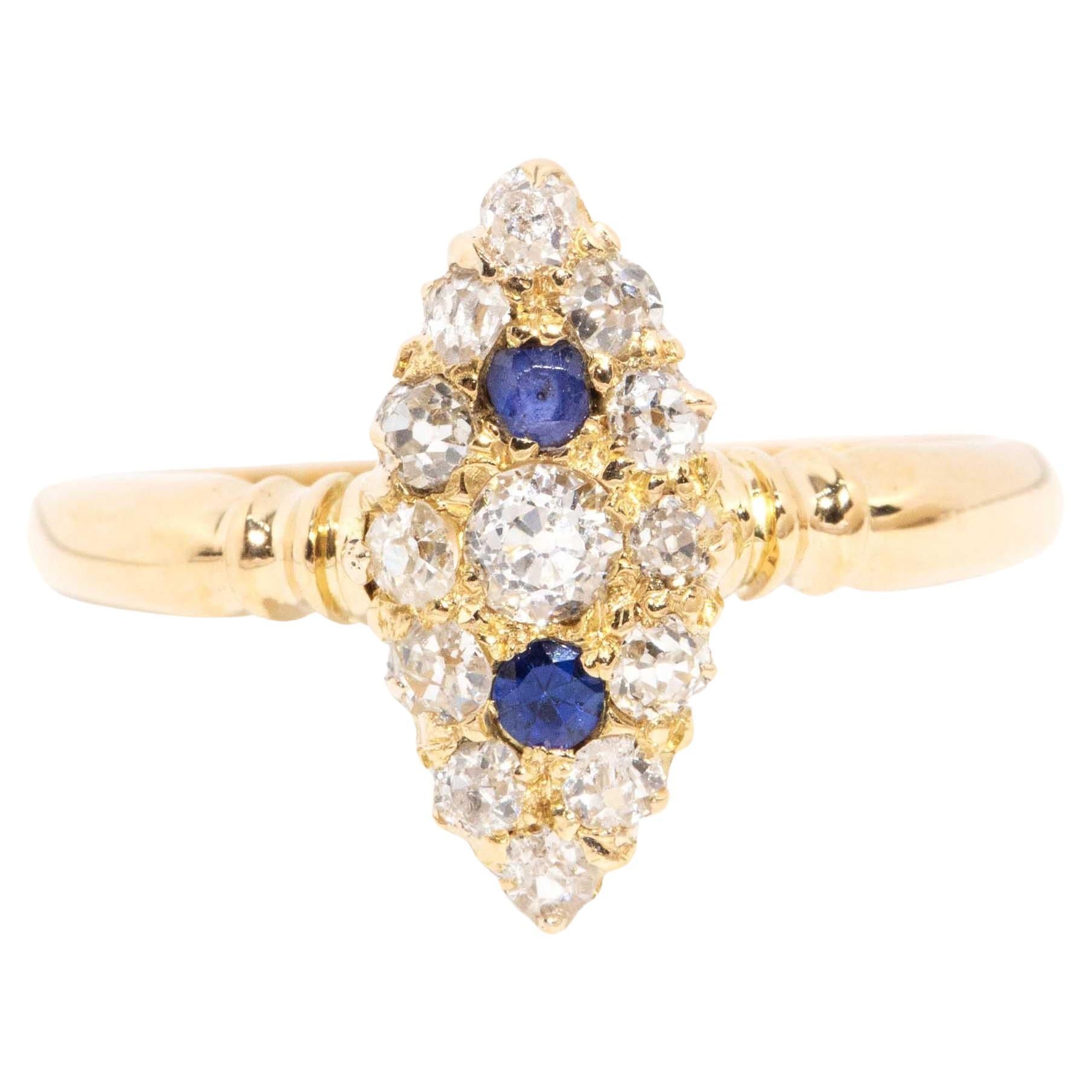 Antique 1911 Sapphire & Old Cut Diamond Marquise Ring 18 Carat Yellow Gold For Sale