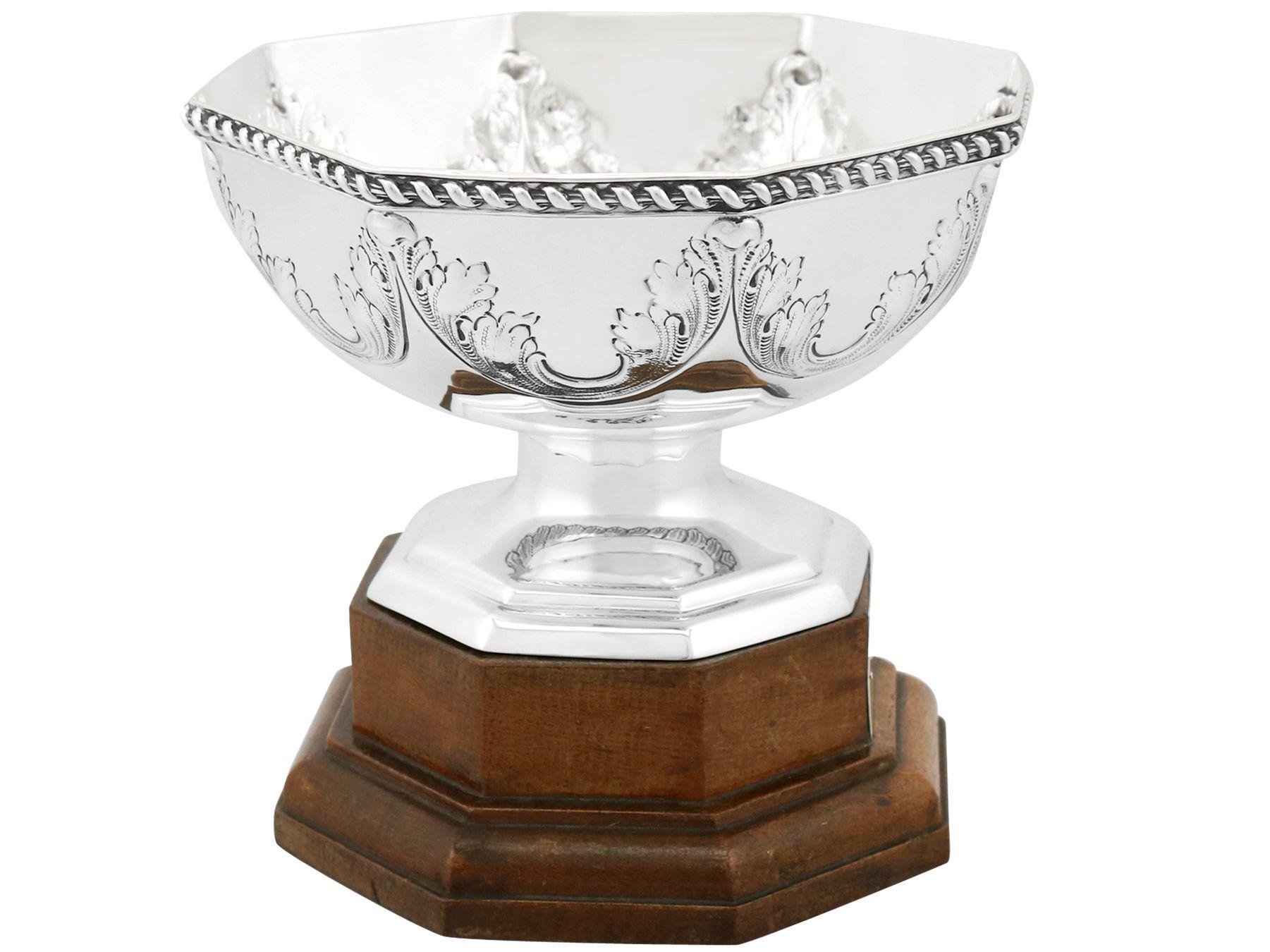 An exceptional, fine and impressive antique George V English sterling silver presentation bowl on plinth; an addition to our ornamental silverware collection.

This exceptional antique George V sterling silver presentation bowl has an octagonal,