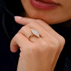 Antique 1912 Edwardian Opal Old Mine Diamond 14K Gold Navette Ring
