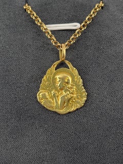 Antique 1912 French 18k Gold Madonna and Child Medal Grabado a mano Elisabeth