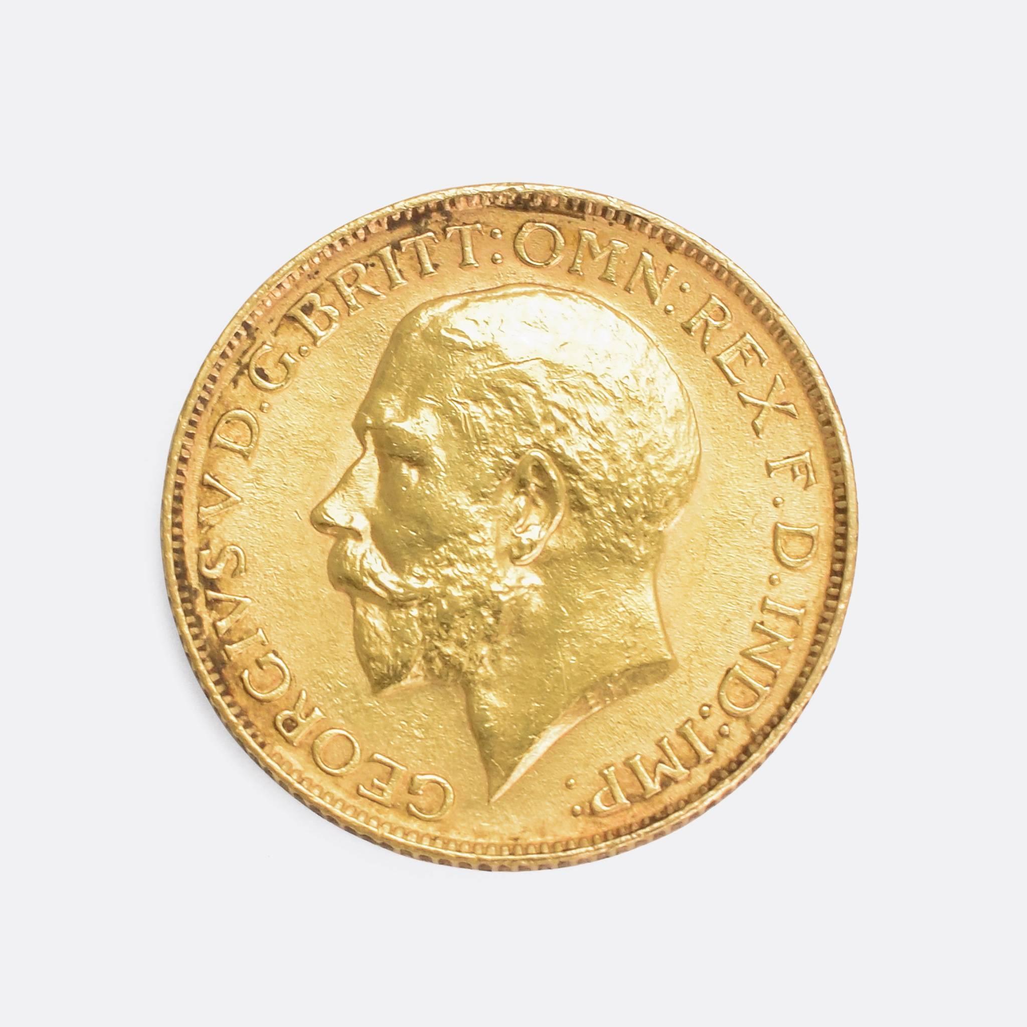 An original Full Sovereign coin dating from 1912. To one side is St George slaying the Dragon, beautifully portrayed in releif; to the other is the head of King George V facing left. Modelled in 22 Karat gold.

MEASUREMENTS 
Diameter: