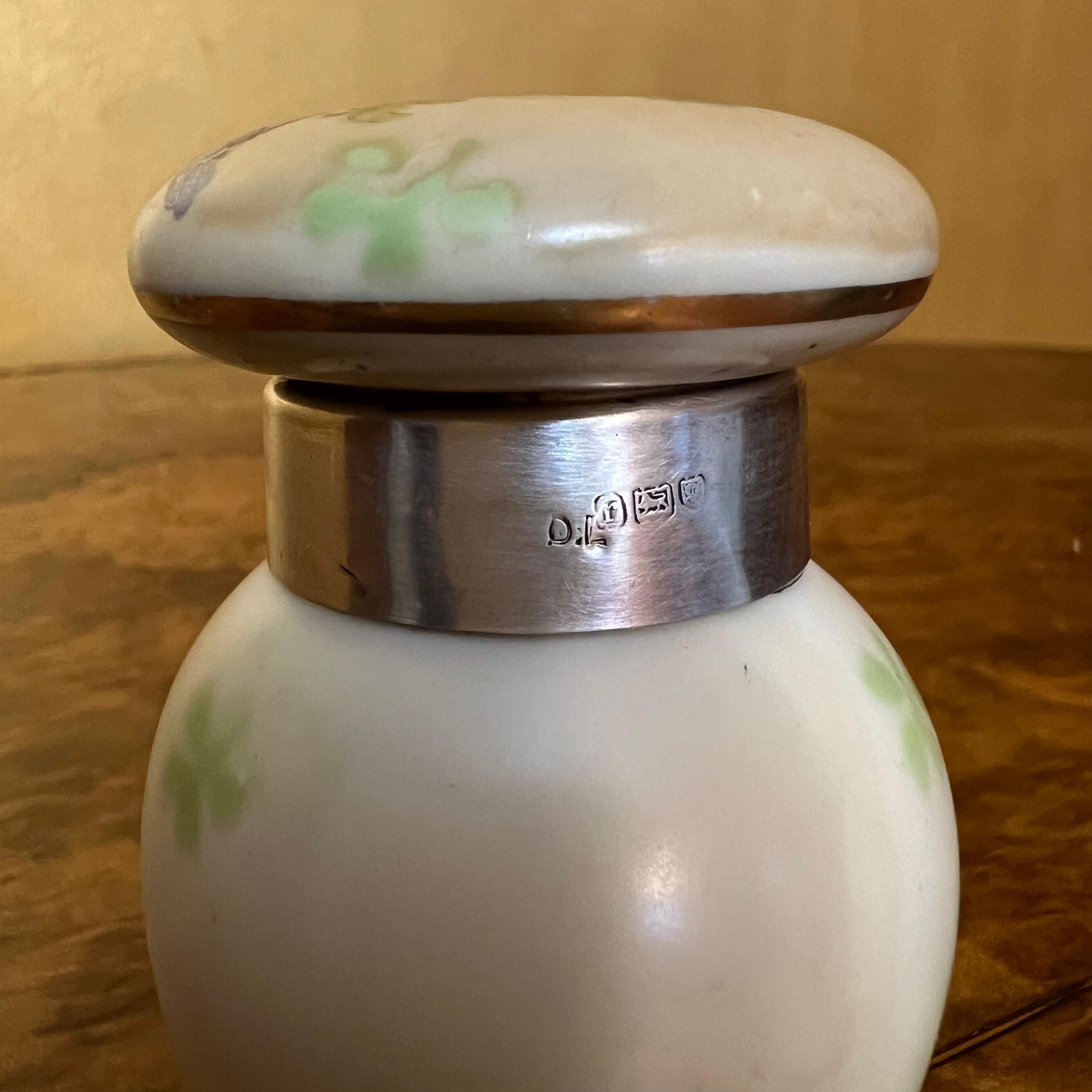 Antique 1912 Serling Silver Rim Porcelain Smelling Salt Jar 1