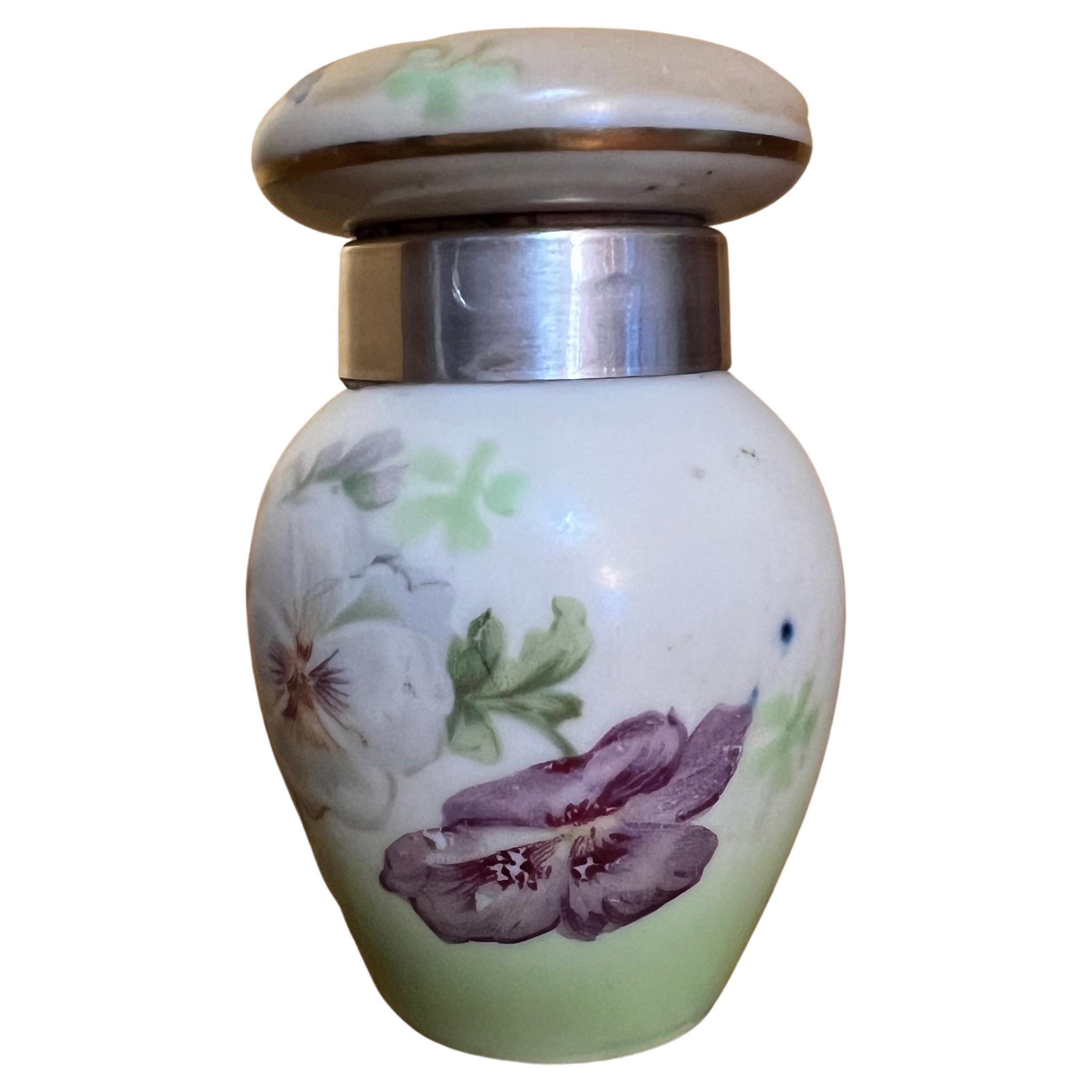Antique 1912 Serling Silver Rim Porcelain Smelling Salt Jar For Sale