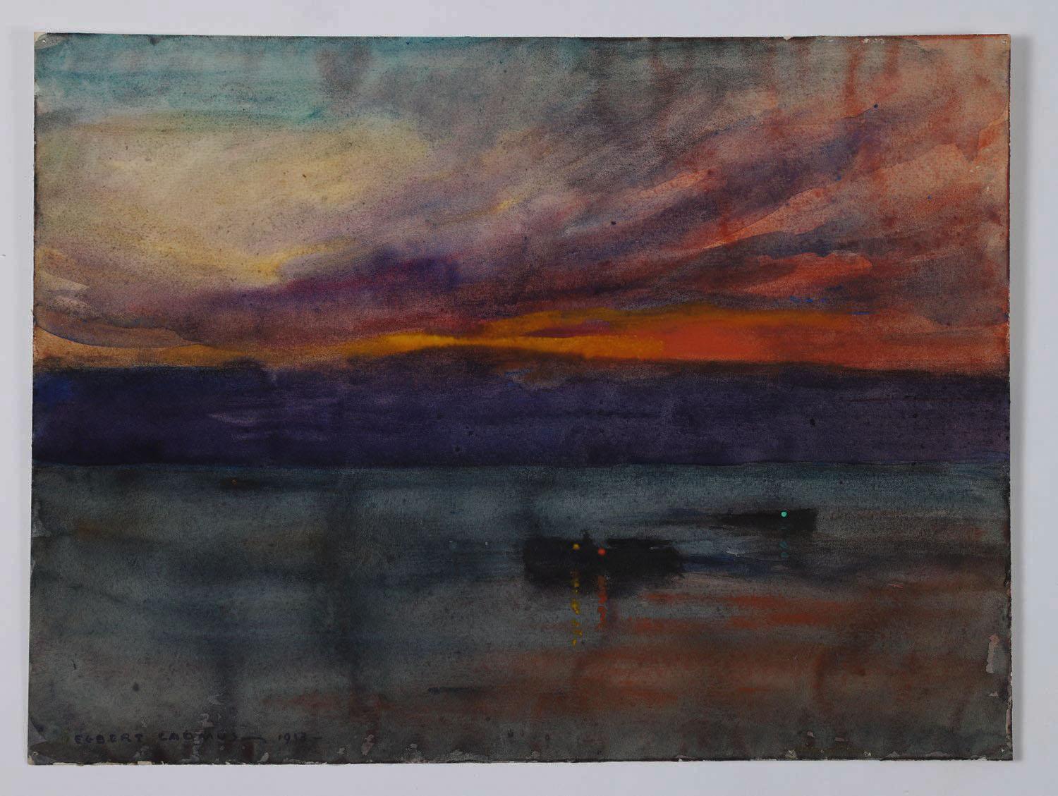 North American Antique 1913 Egbert Cadmus Evening Hudson River Watercolor Painting For Sale