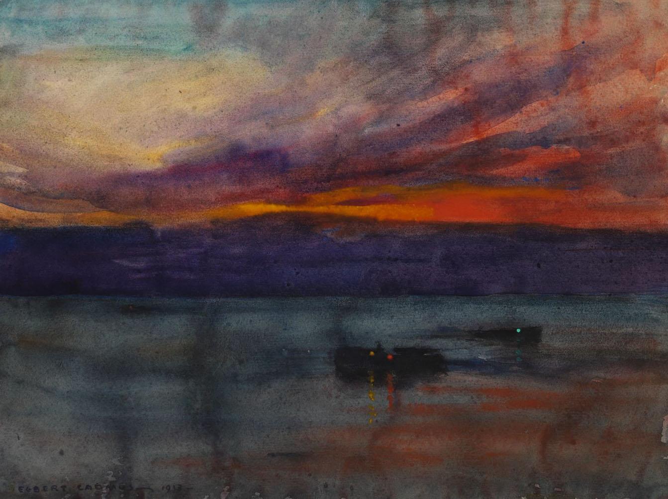 Antique 1913 Egbert Cadmus Evening Hudson River Watercolor Painting In Good Condition For Sale In Seguin, TX