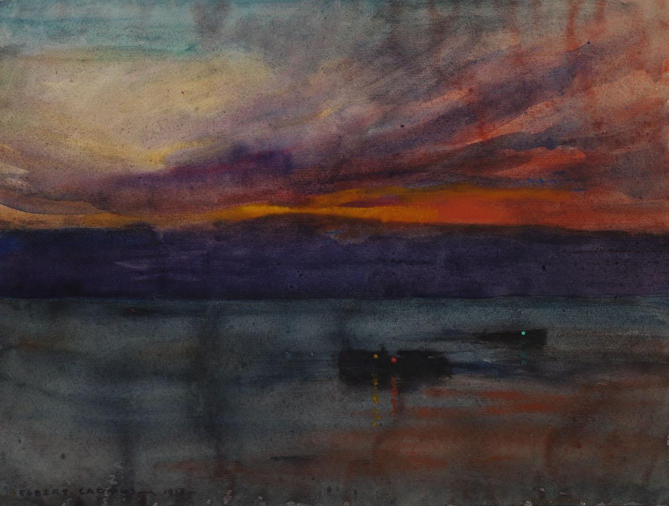20th Century Antique 1913 Egbert Cadmus Evening Hudson River Watercolor Painting For Sale