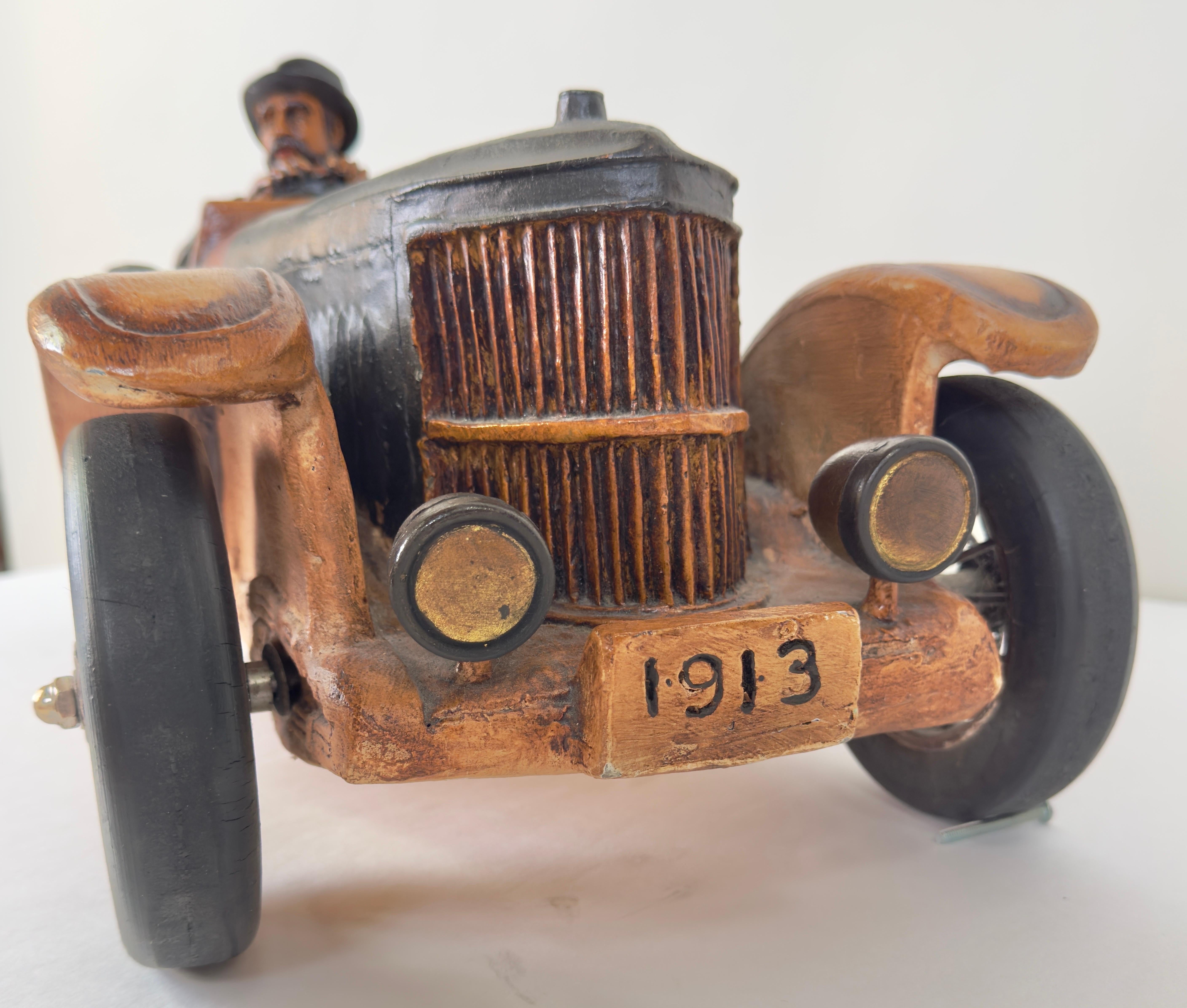 Antique 1913 Model Touring Car and Driver Wooden Hand Painted  Sculpture For Sale 4