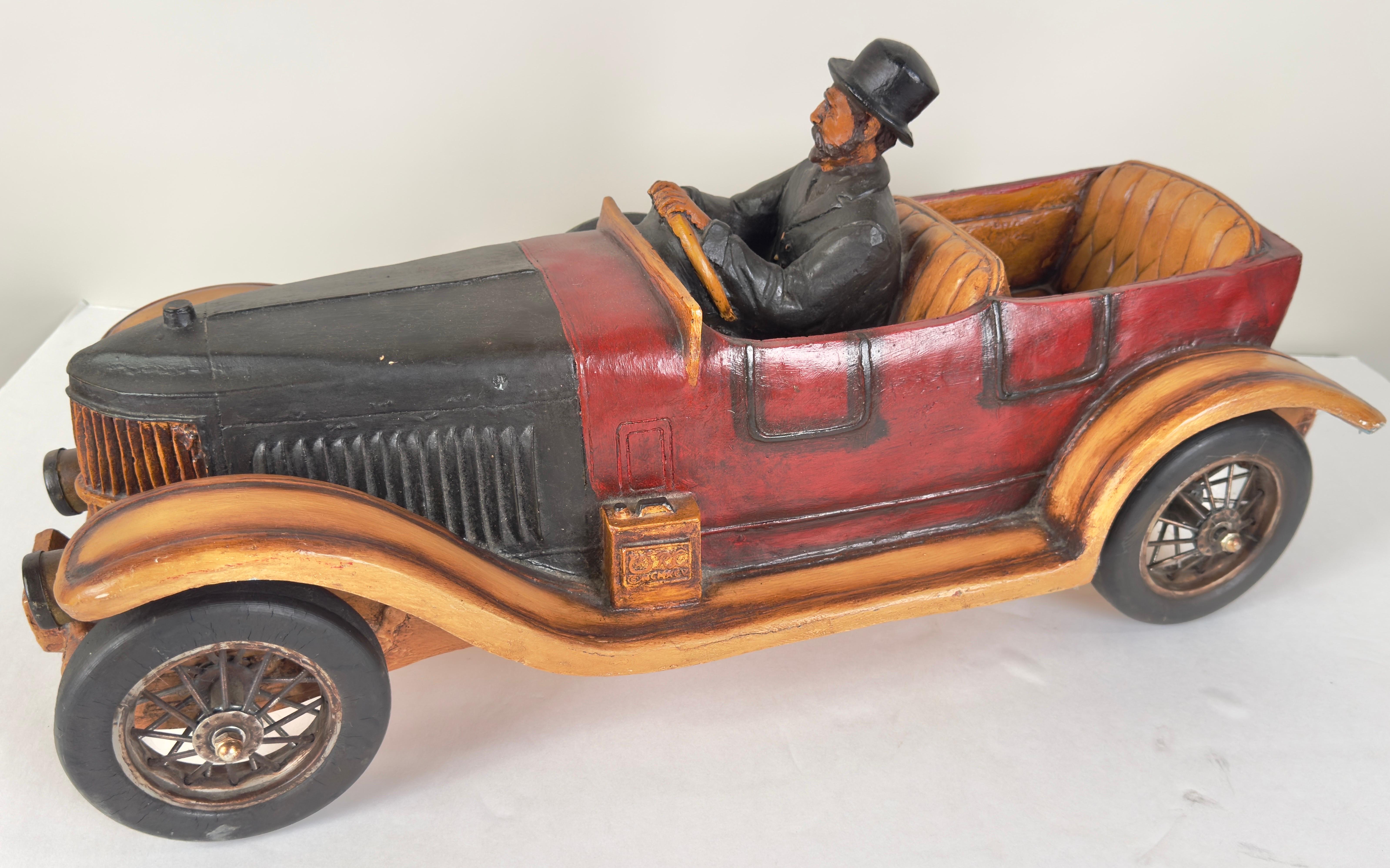 Antique 1913 Model Touring Car and Driver Wooden Hand Painted  Sculpture For Sale 6