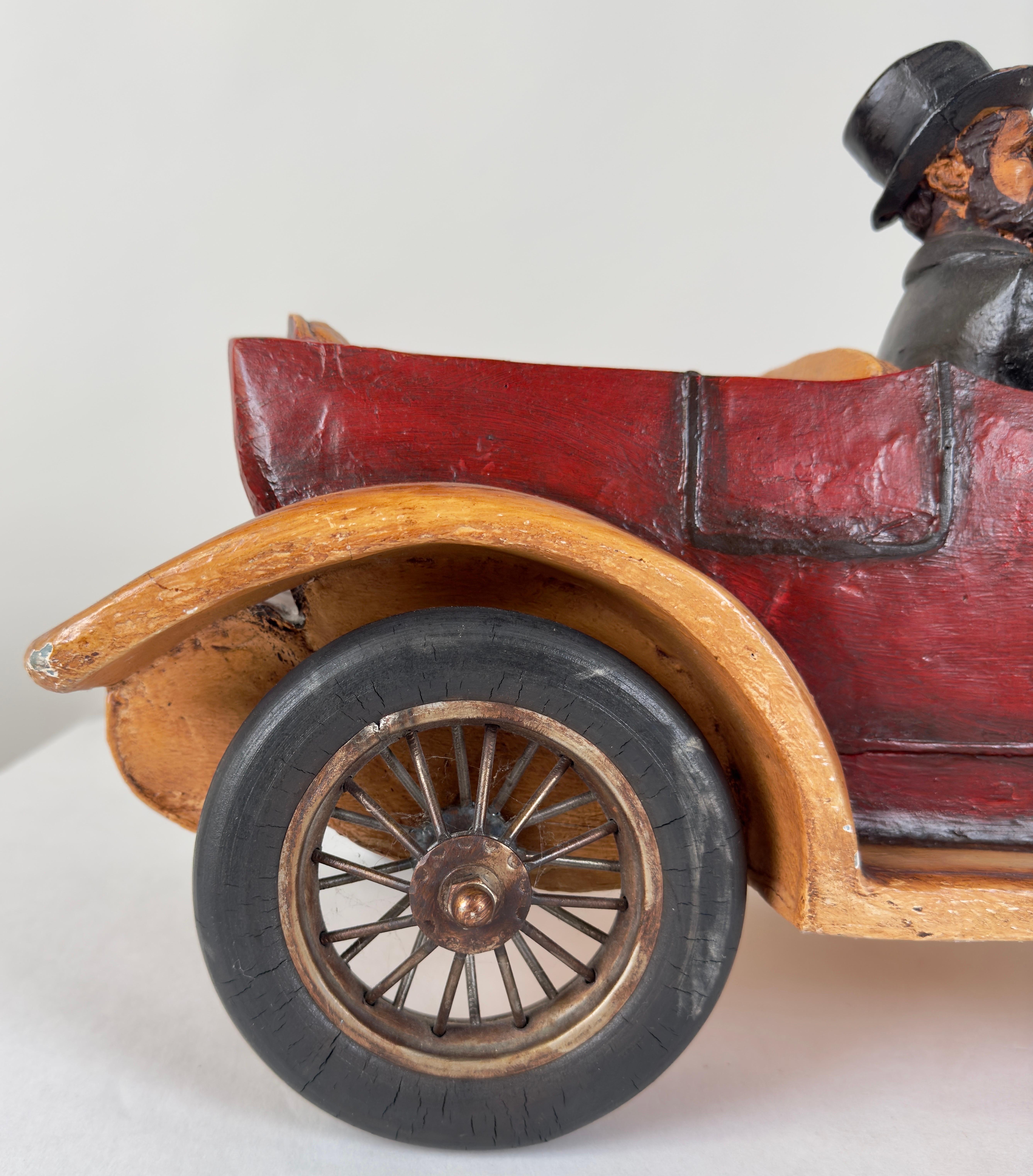 Art Deco Antique 1913 Model Touring Car and Driver Wooden Hand Painted  Sculpture For Sale