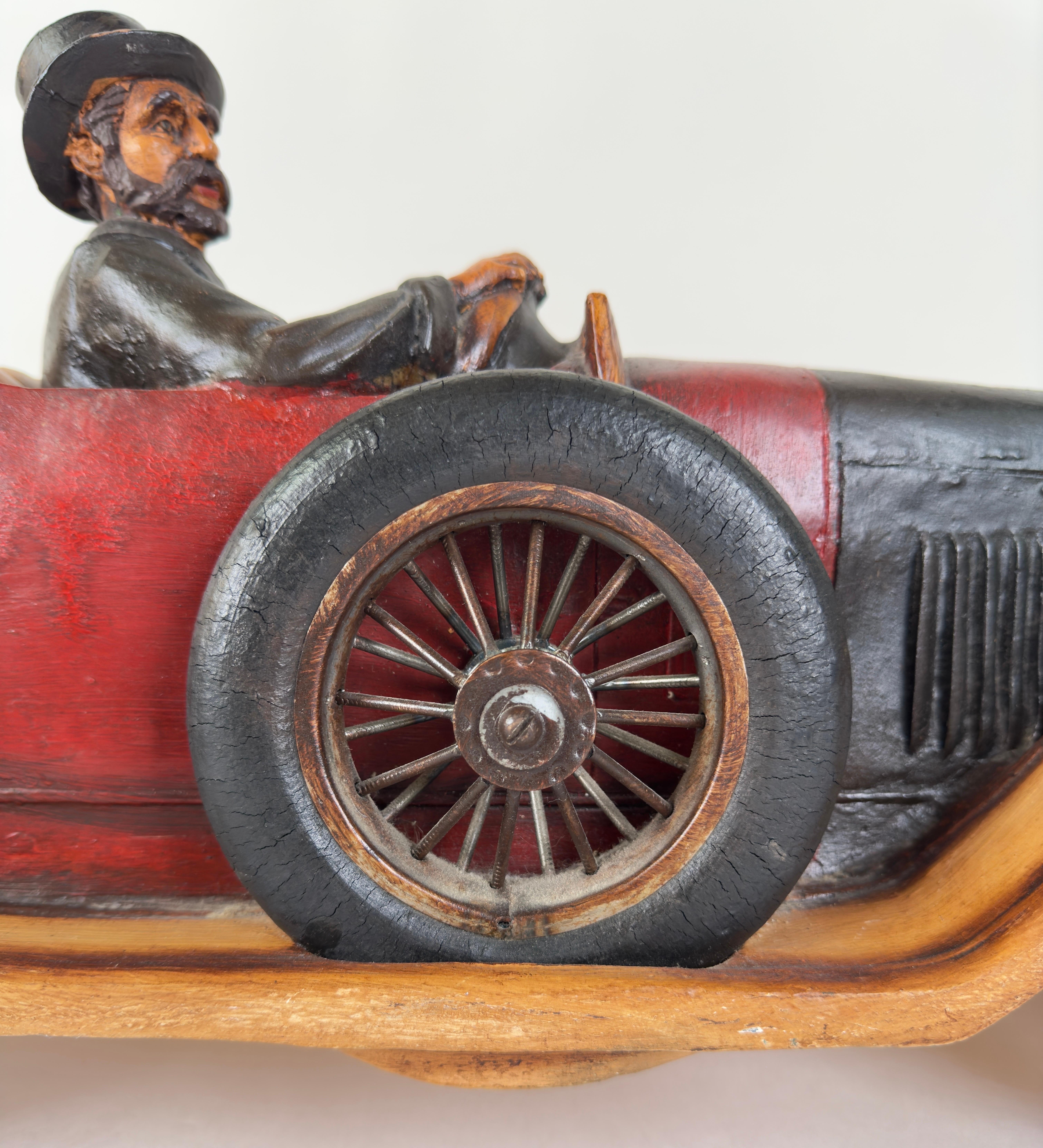 Antique 1913 Model Touring Car and Driver Wooden Hand Painted  Sculpture In Good Condition For Sale In Plainview, NY