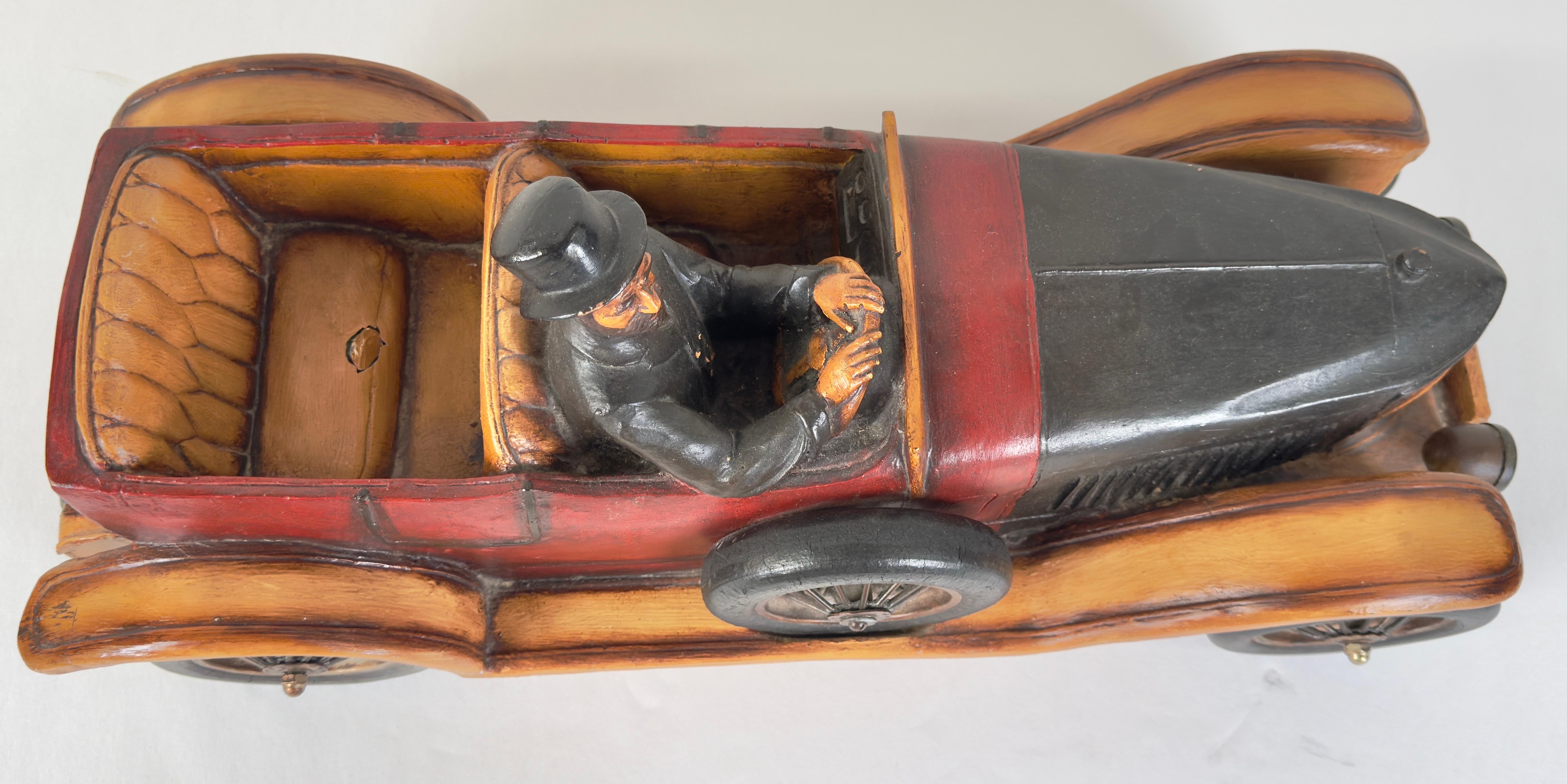 20th Century Antique 1913 Model Touring Car and Driver Wooden Hand Painted  Sculpture For Sale