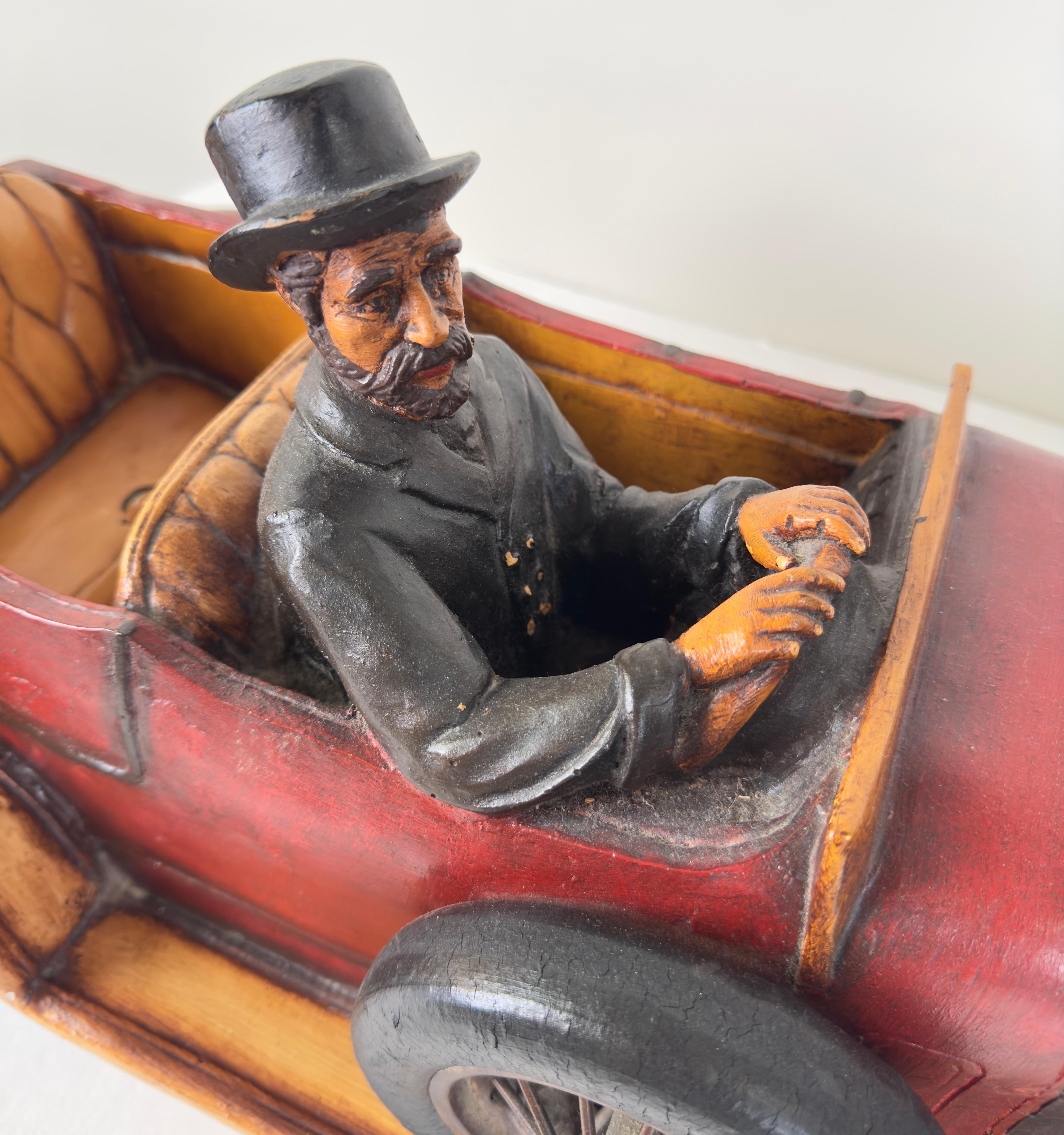 Antique 1913 Model Touring Car and Driver Wooden Hand Painted  Sculpture For Sale 1