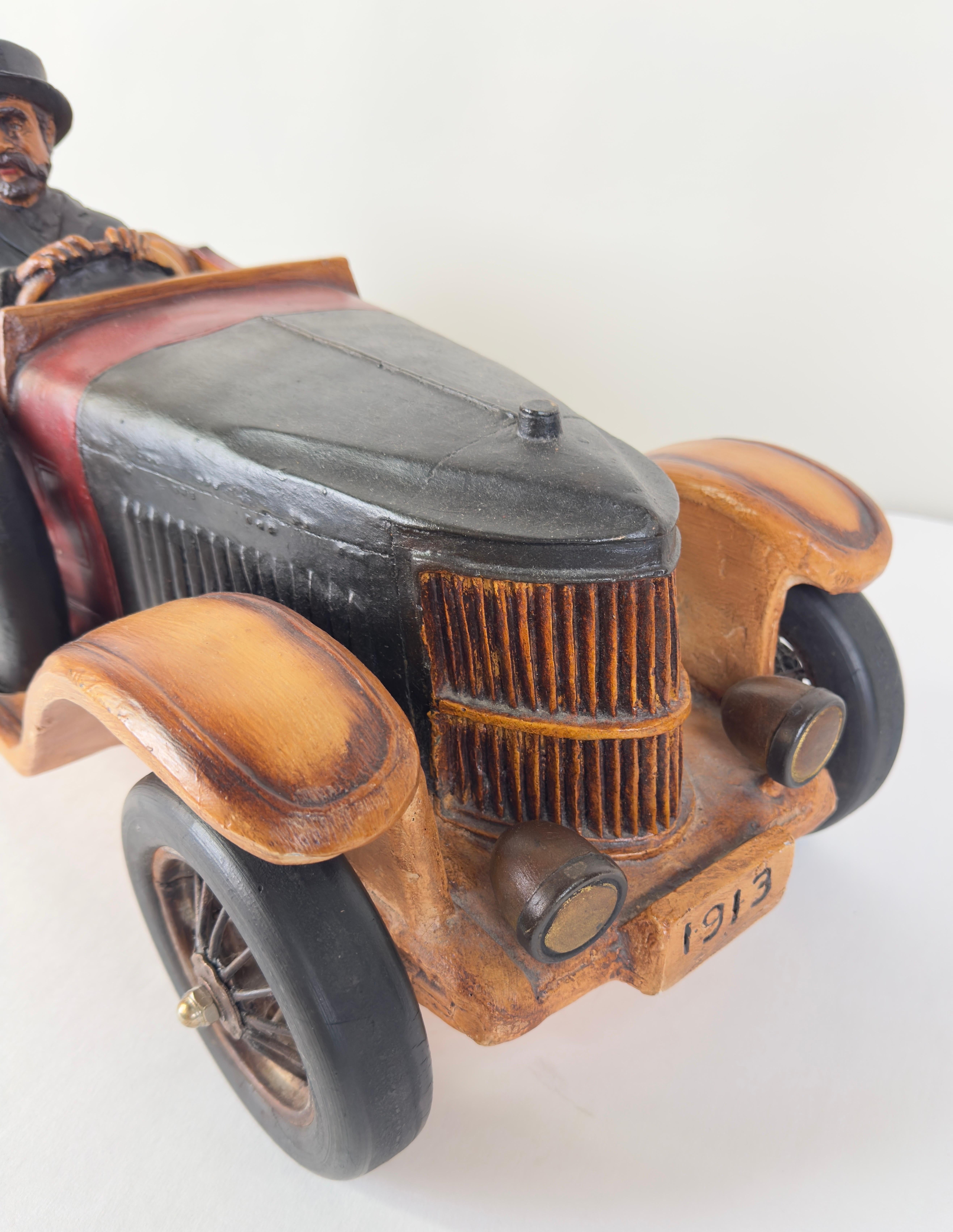 Antique 1913 Model Touring Car and Driver Wooden Hand Painted  Sculpture For Sale 3