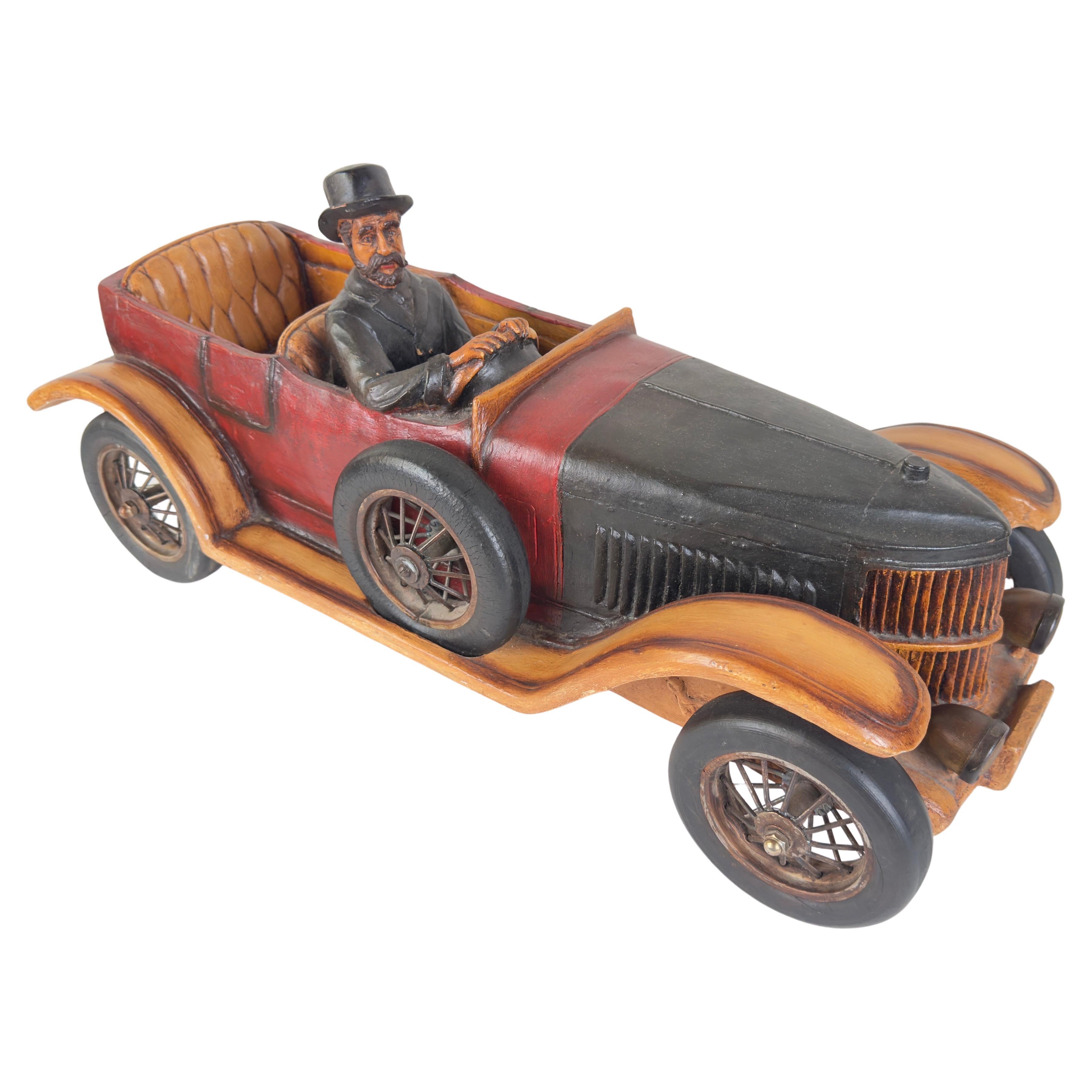 Antique 1913 Model Touring Car and Driver Wooden Hand Painted  Sculpture