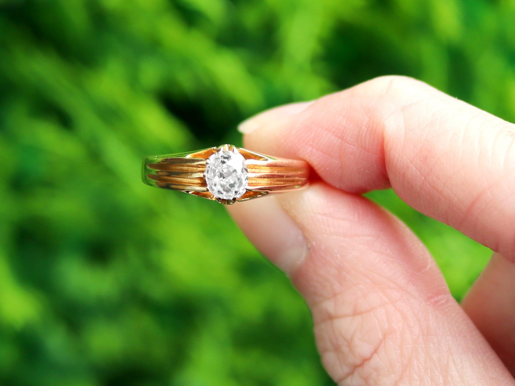 A fine and impressive antique 0.70 carat old European round cut diamond, 18k yellow gold solitaire ring; an addition to our antique jewelry and estate jewelry collections.

This impressive antique diamond and yellow gold solitaire ring has been