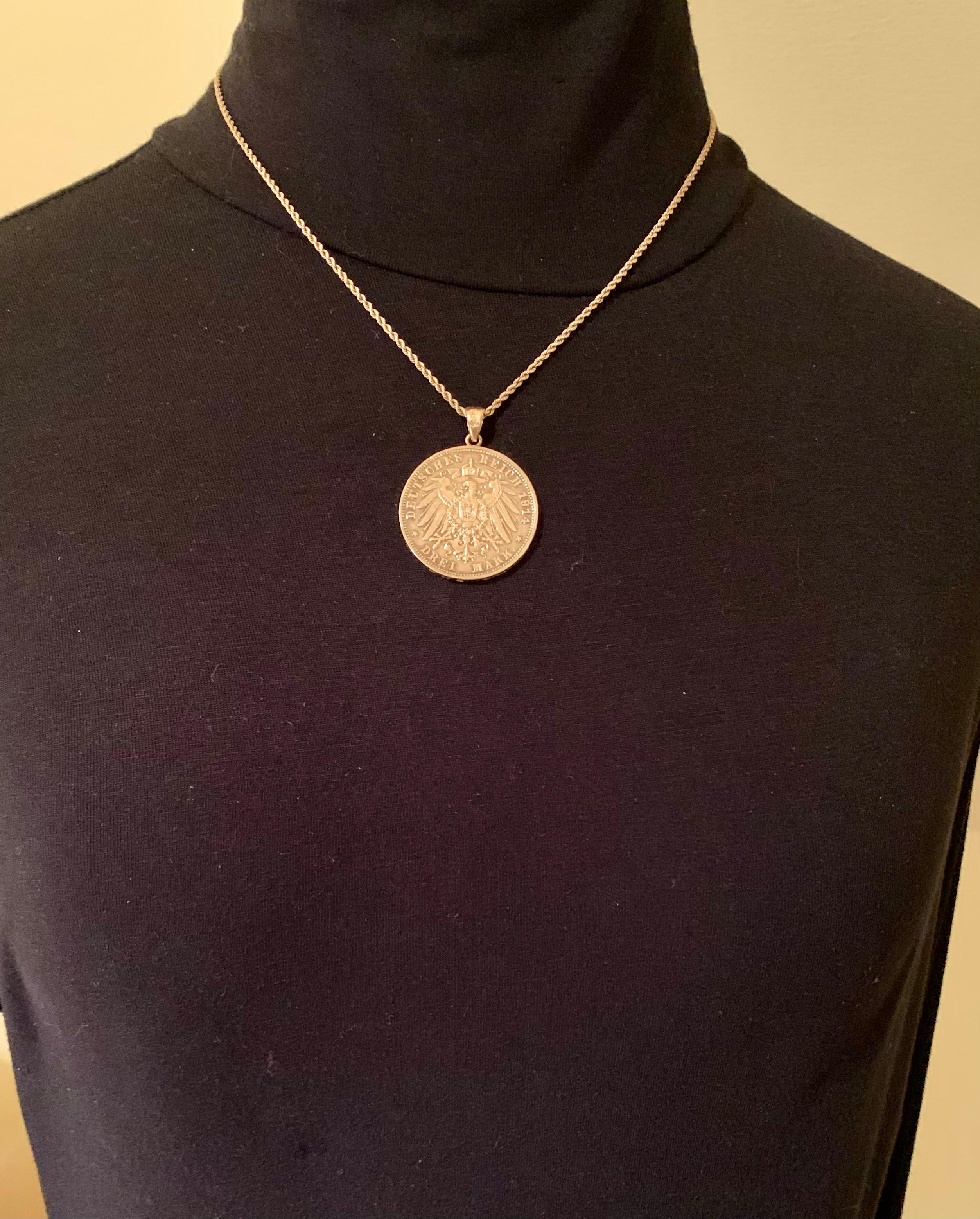 Large antique 1914 Double Headed Eagle Ludwig III Konig Von Bayern 3 mark 14K yellow gold and vermeil coin pendant necklace
The superb details of this beautiful coin are well suited for a stunning coin pendant. The 1914 3 Mark coin was issued in the
