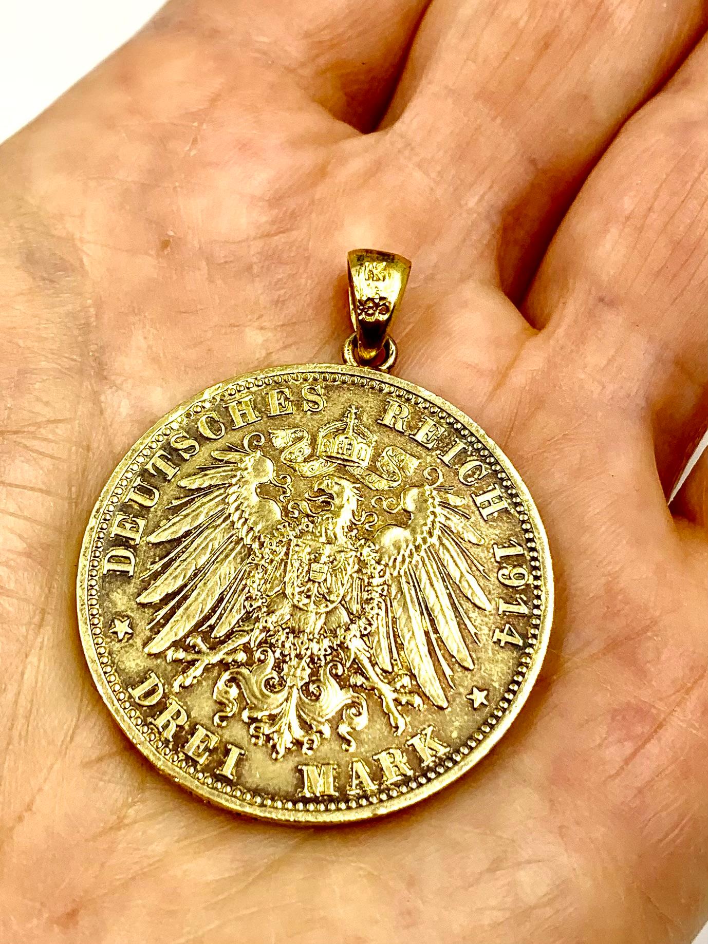 Antique 1914 Double Headed Eagle Ludwig III Konig 14K and Vermeil Coin Pendant For Sale 5