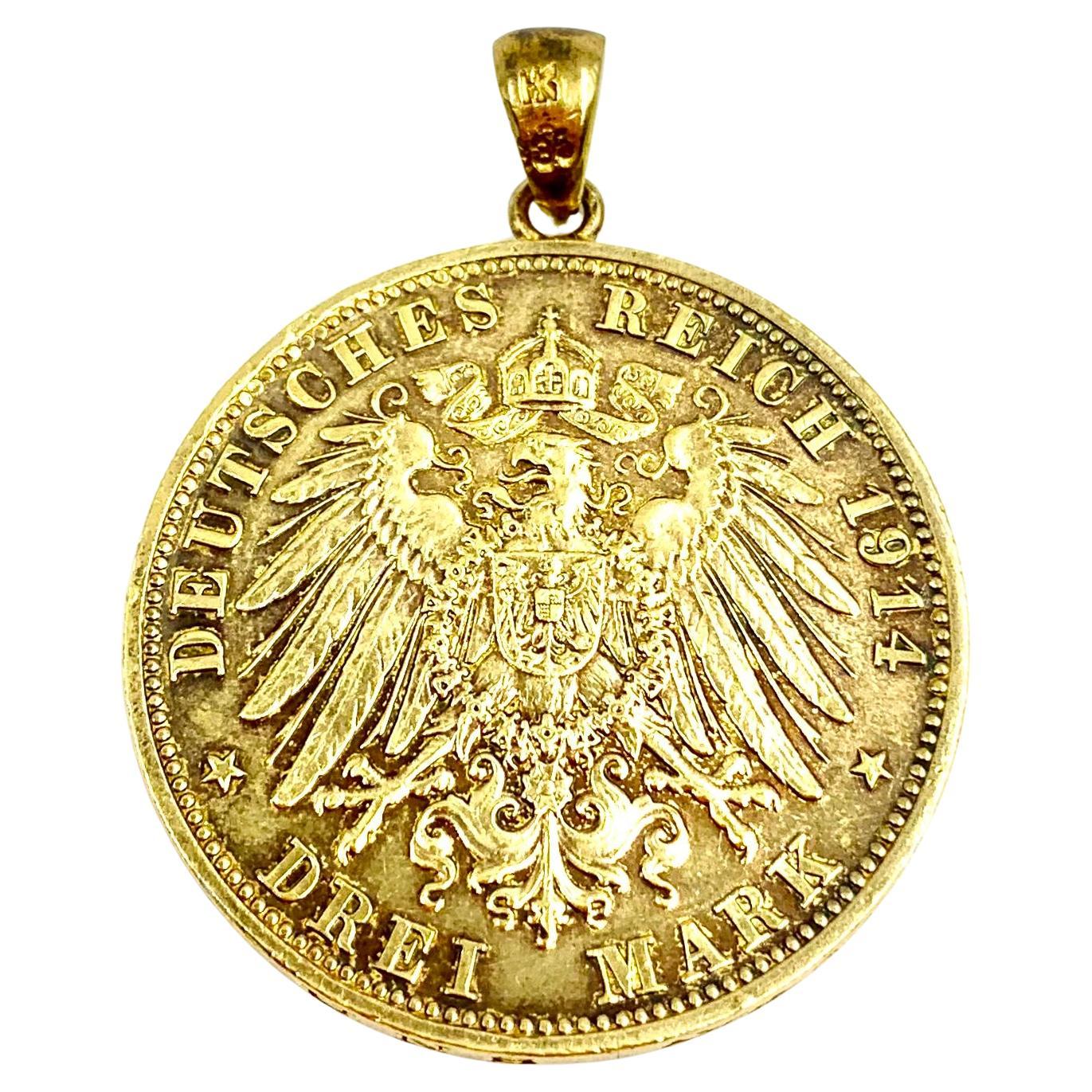 Antiguo 1914 Águila de doble cabeza Ludwig III Konig 14K y Vermeil Colgante de moneda