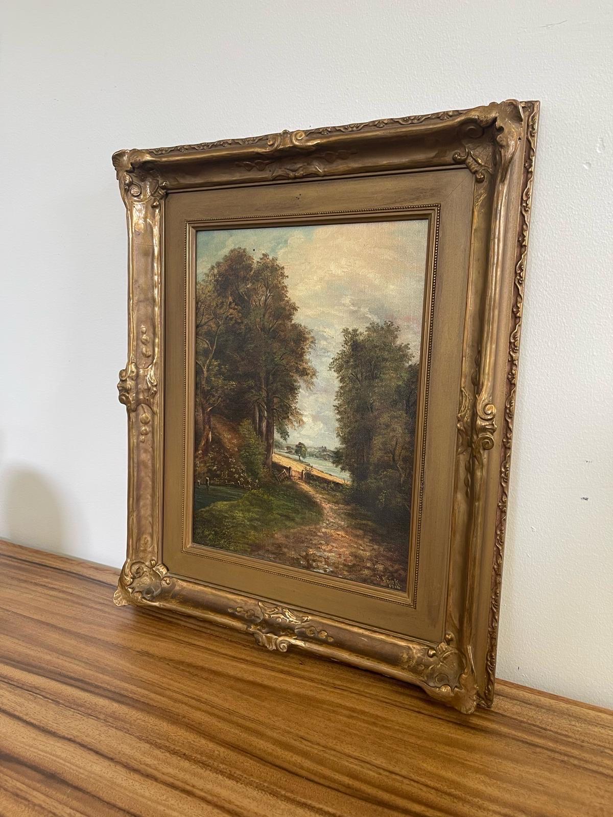 Mid-Century Modern Antique 1914 Original Signed Landscape Painting Circa 1920 Gold Toned Framing. For Sale