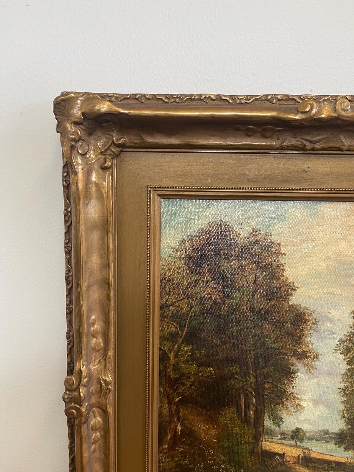Antique 1914 Original Signed Landscape Painting Circa 1920 Gold Toned Framing. In Good Condition For Sale In Seattle, WA