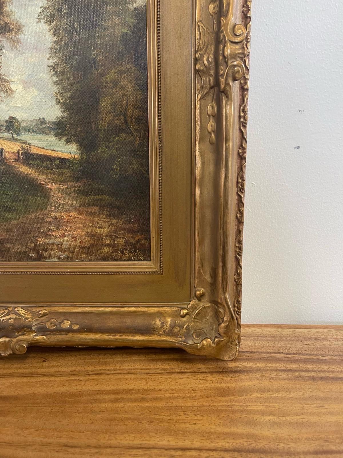 Antique 1914 Original Signed Landscape Painting Circa 1920 Gold Toned Framing. For Sale 1