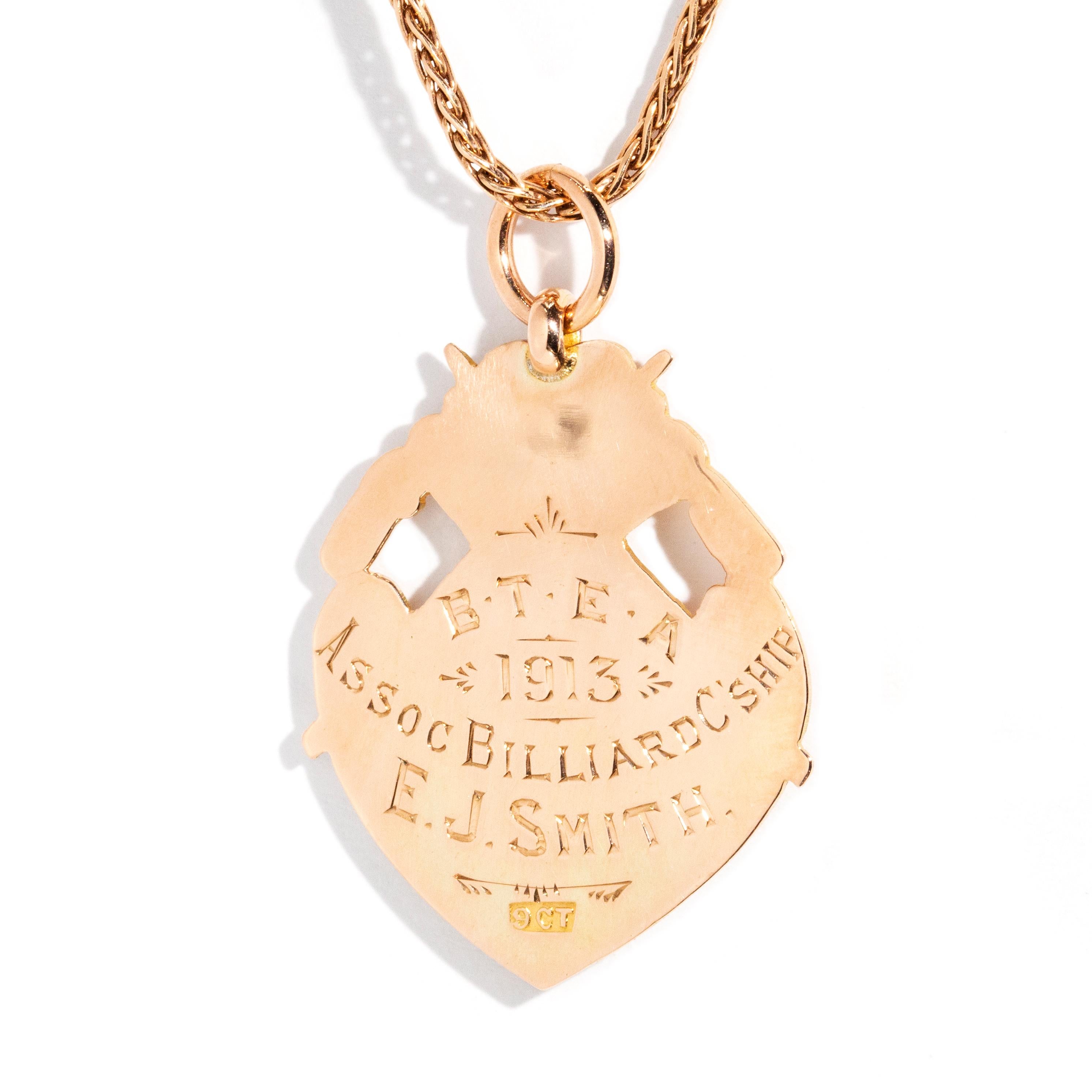 Women's or Men's Antique 1915 Commemorative Shield Crest Pendant & Rope Chain 9 Carat Rose Gold For Sale