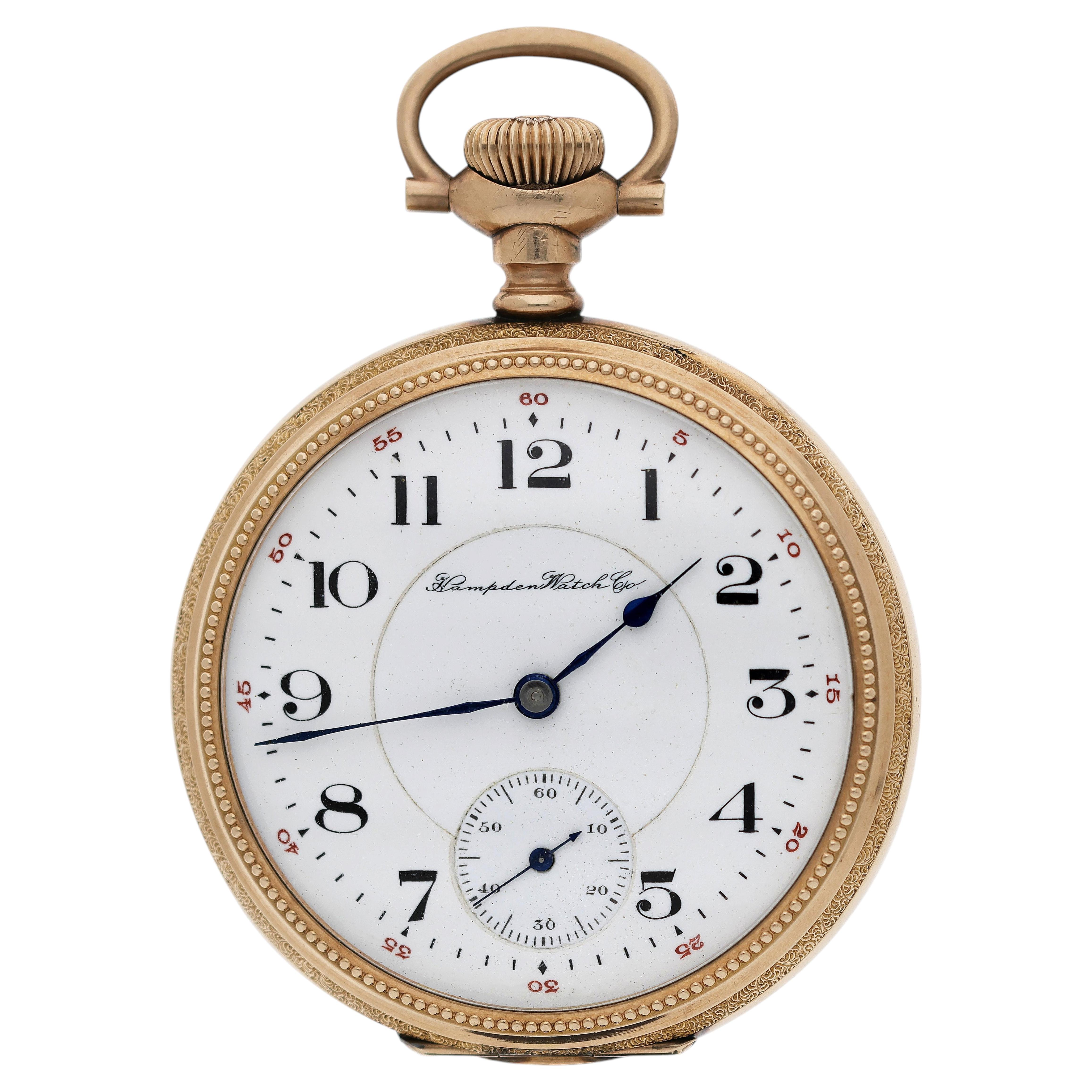 Antique 1915 Hampden Watch Co Railway 15J 16s 14K Gold Filled Open Face Pocket For Sale