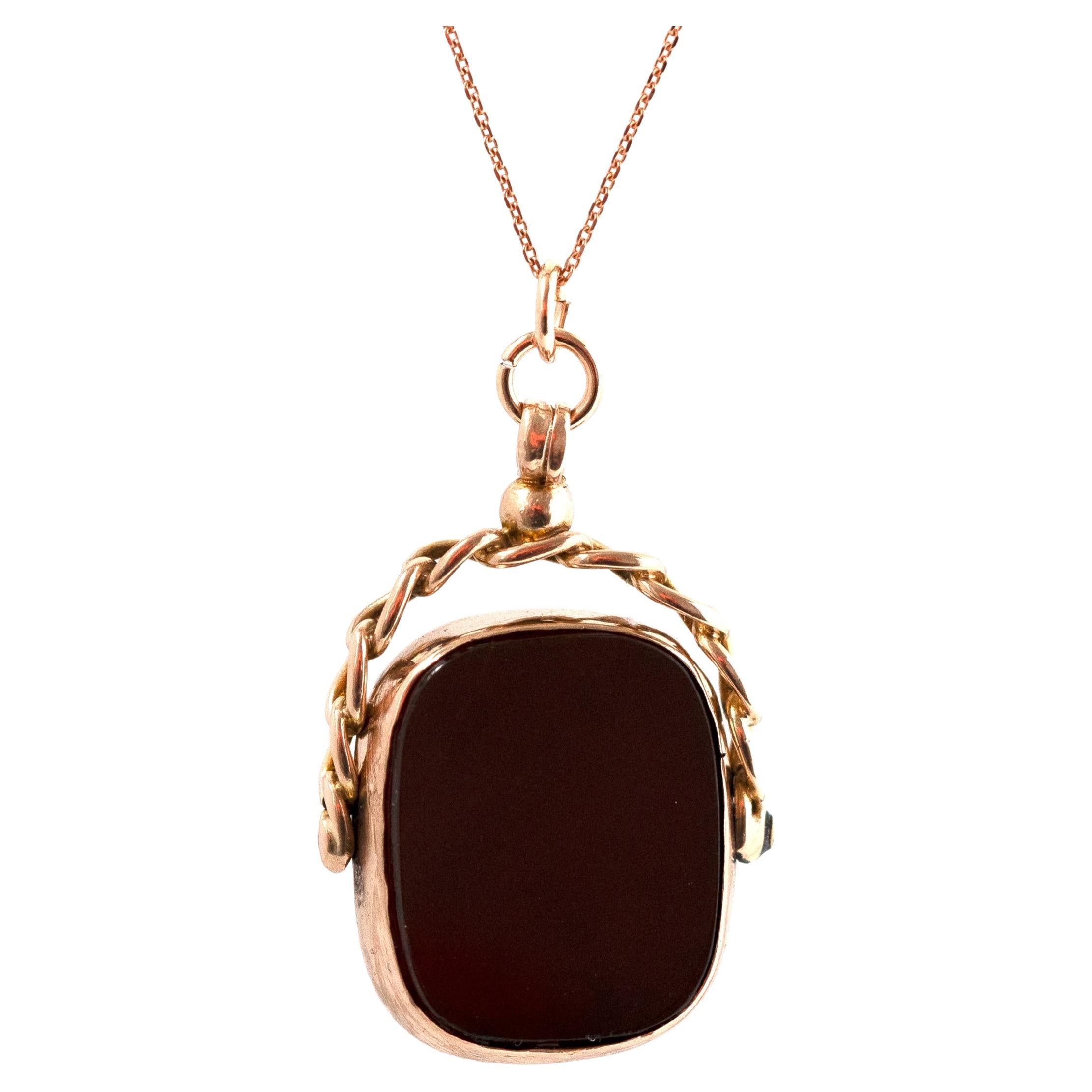 Antique 1917 Carnelian 9ct Rose Gold Swivel Fob Necklace For Sale