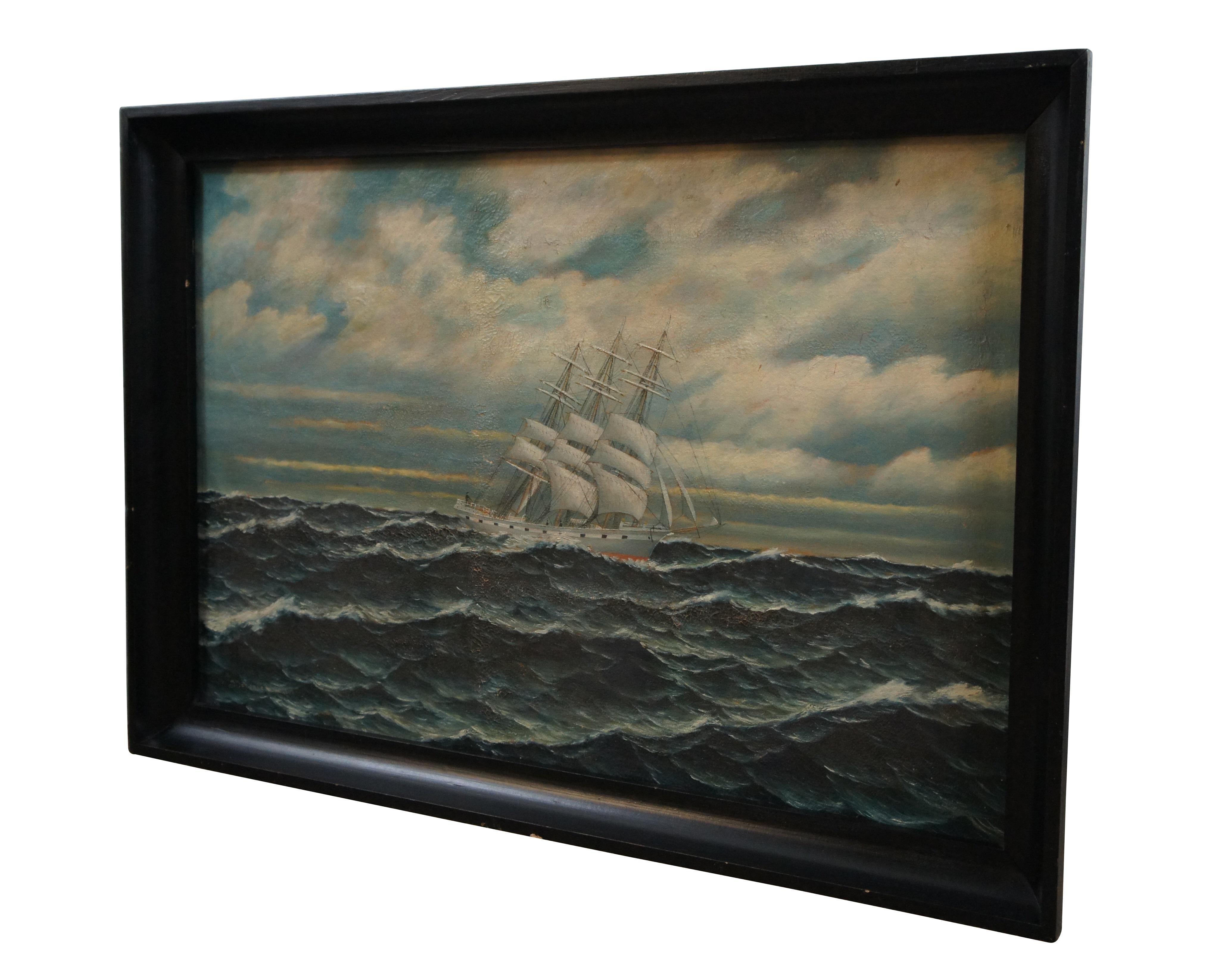 Ancienne peinture à l'huile sur toile de l'école hollandaise représentant un yacht / clipper sur une mer agitée. Signé dans le coin inférieur gauche J. Johannesen (Y. Yohannsen) - 1917.

Dimensions :
36