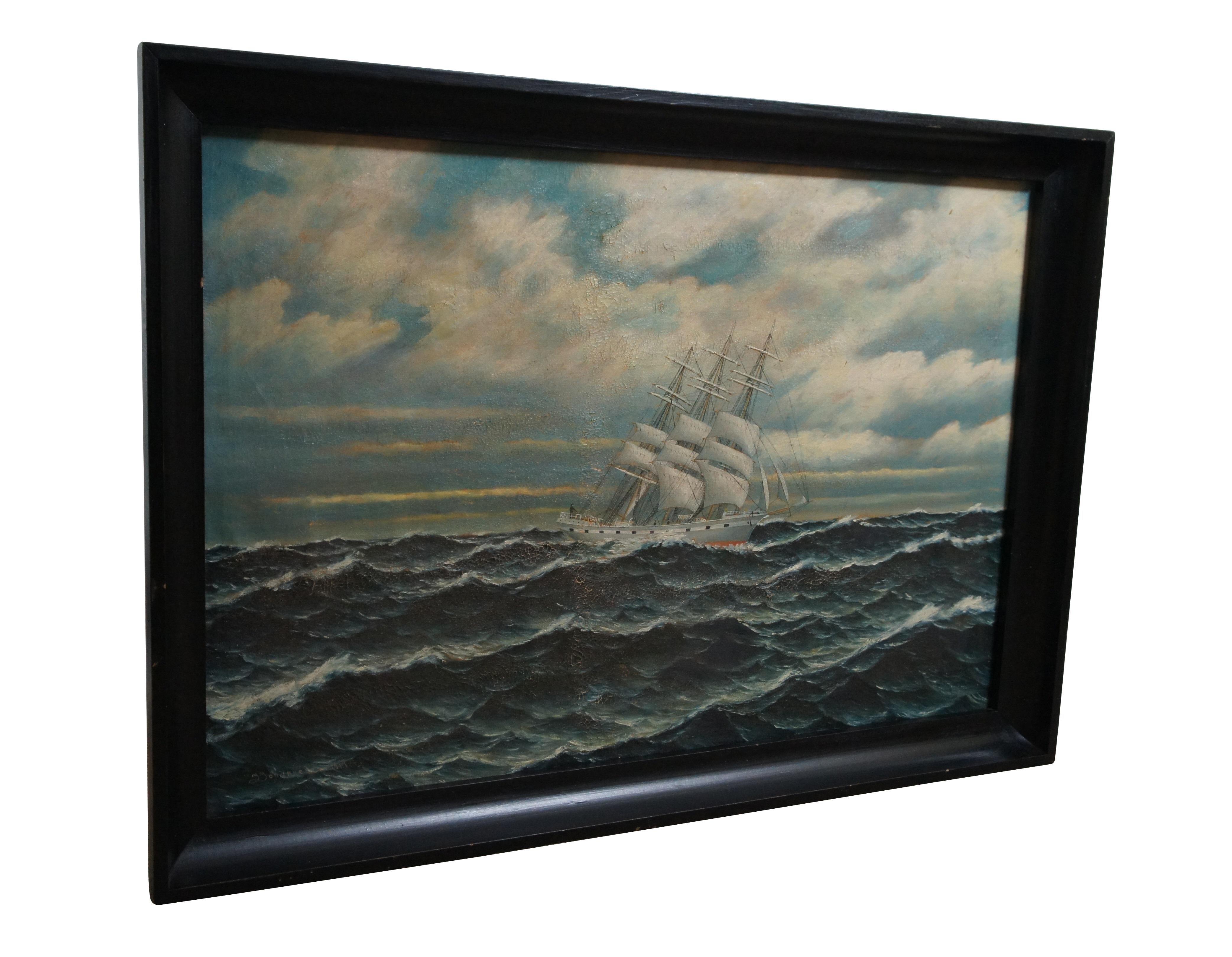 Dutch Colonial Antique 1917 Johannesen Nautical Maritime Sailboat Ship Seascape Oil Painting 36 For Sale