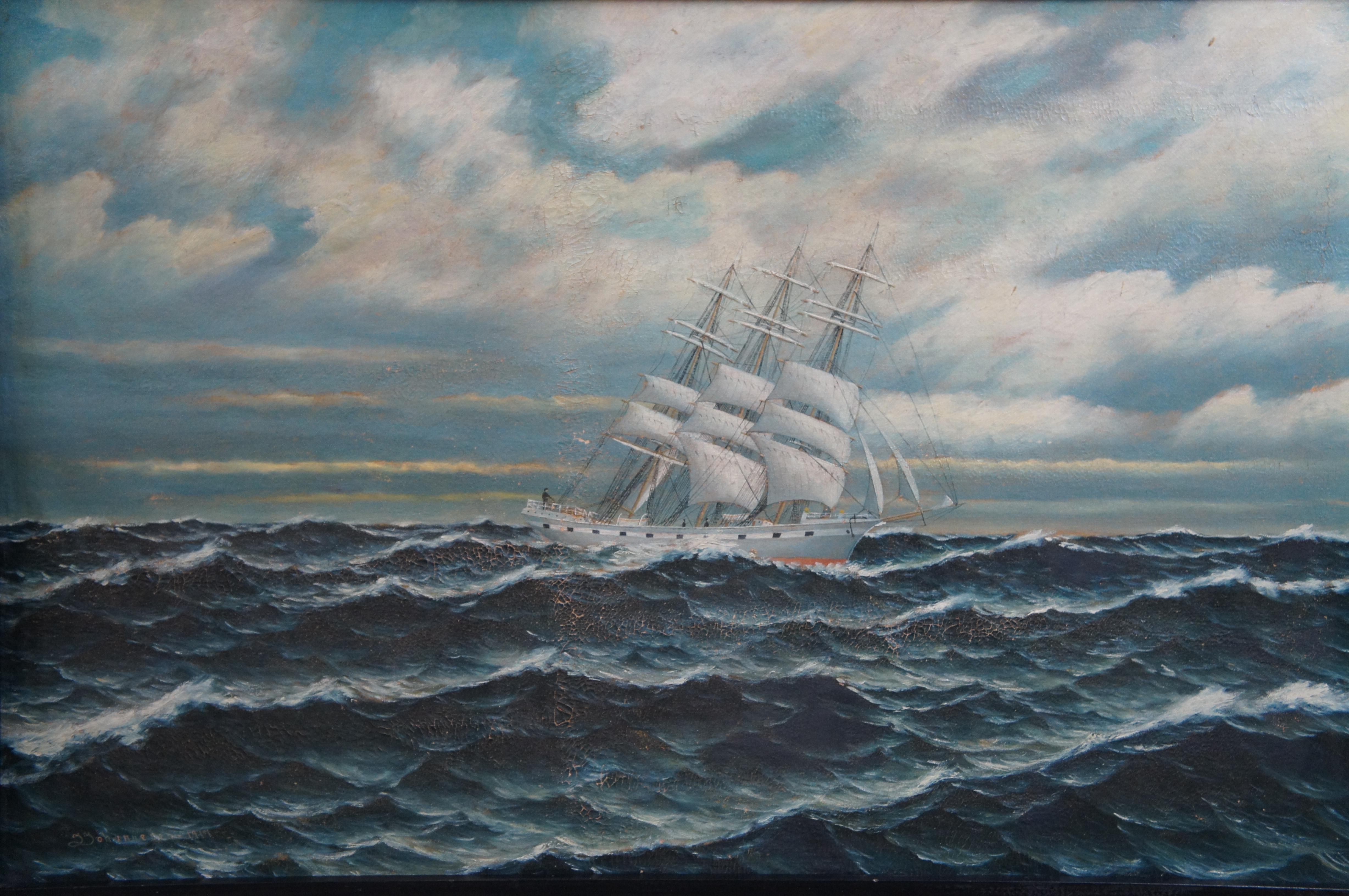 Antique 1917 Johannesen Nautical Maritime Sailboat Ship Seascape Peinture à l'huile 36 en vente 1