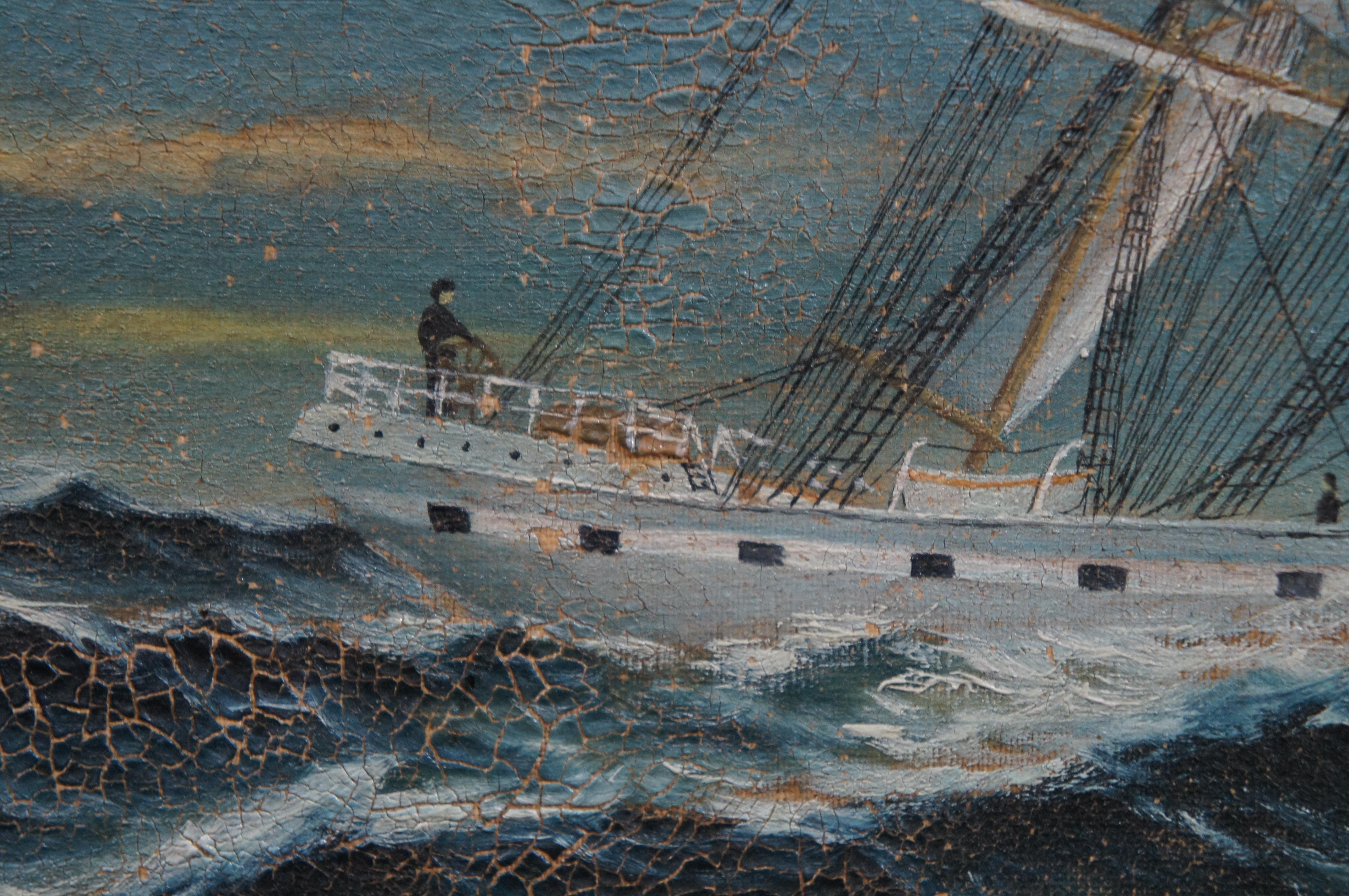 Antique 1917 Johannesen Nautical Maritime Sailboat Ship Seascape Oil Painting 36 For Sale 2