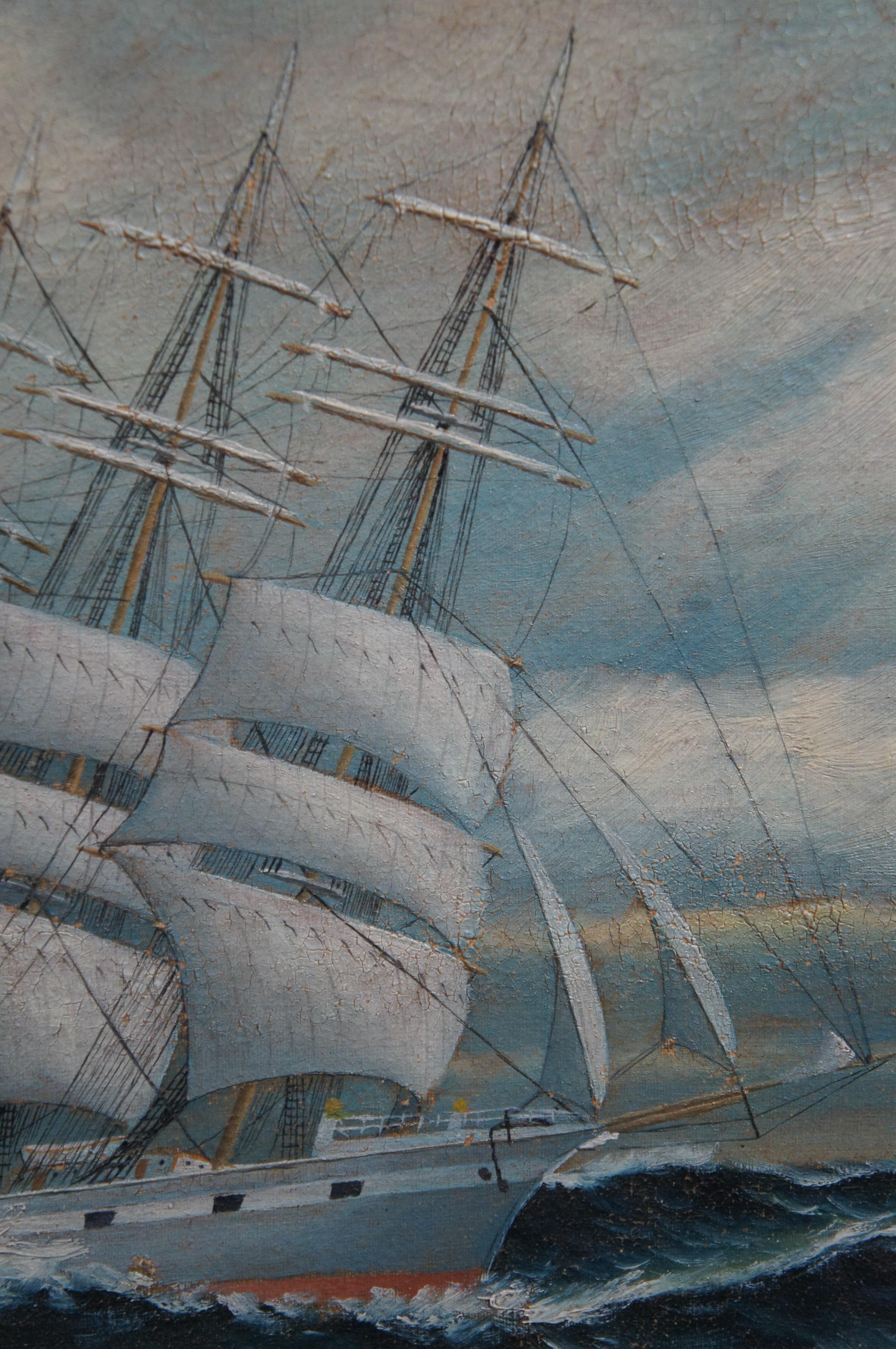 Antique 1917 Johannesen Nautical Maritime Sailboat Ship Seascape Oil Painting 36 For Sale 3