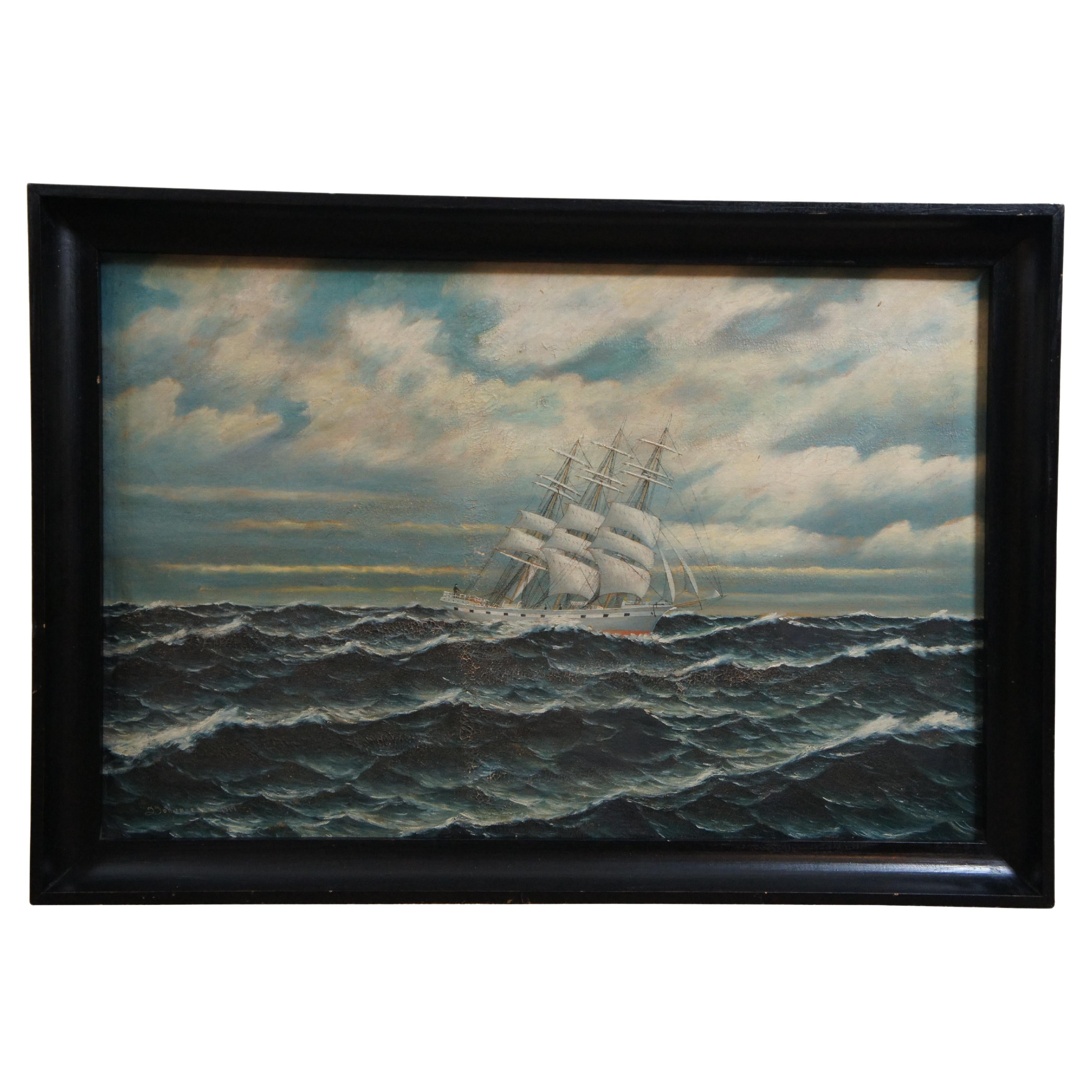 Antique 1917 Johannesen Nautical Maritime Sailboat Ship Seascape Oil Painting 36 For Sale